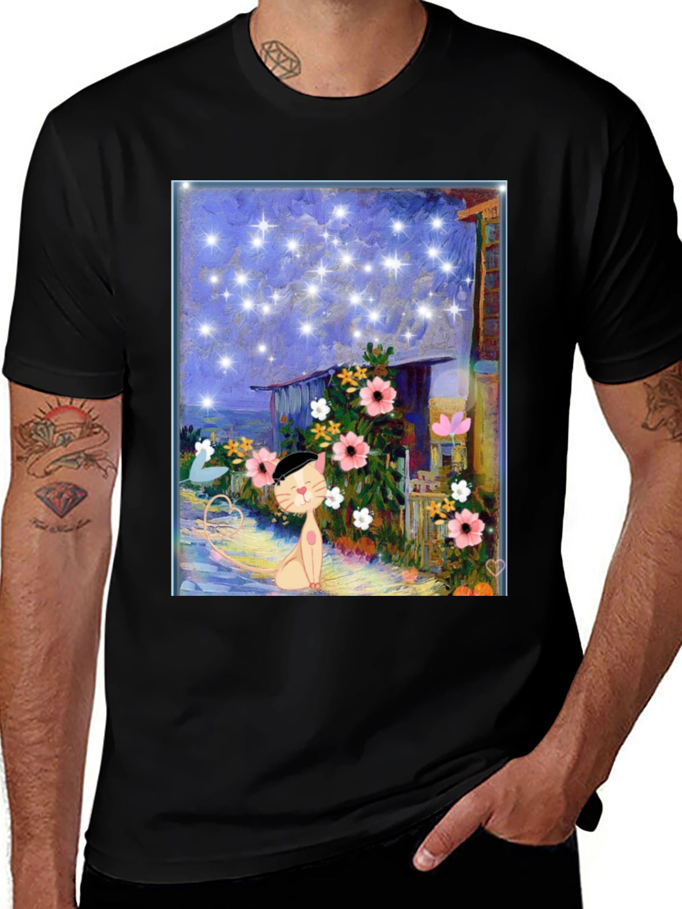 Variant 22 of Whimsical Cat Art T-Shirt - Starry Night Garden