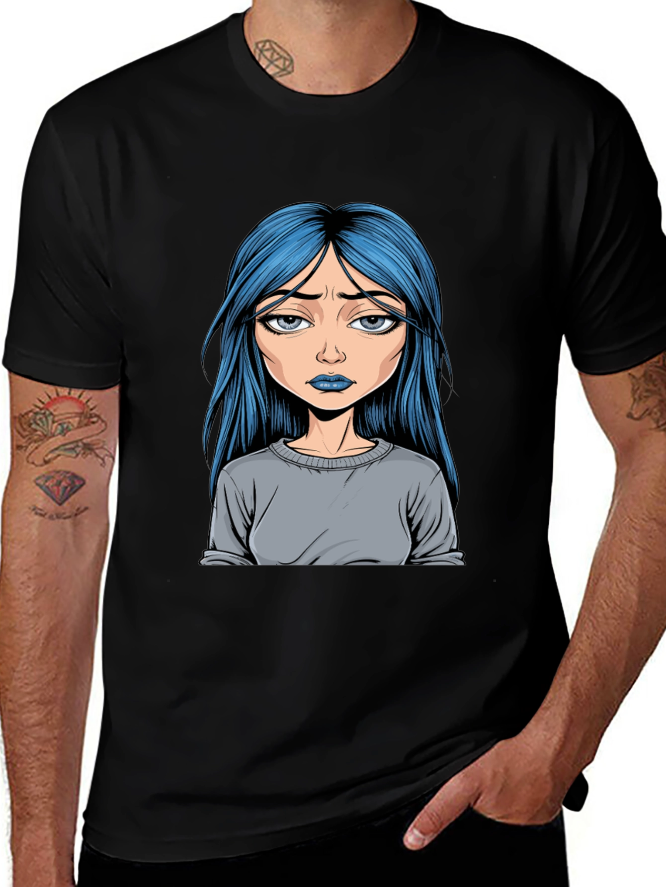 Variant 12 of Sad Girl Graphic Tee - Black Cotton Blend Unisex T-Shirt