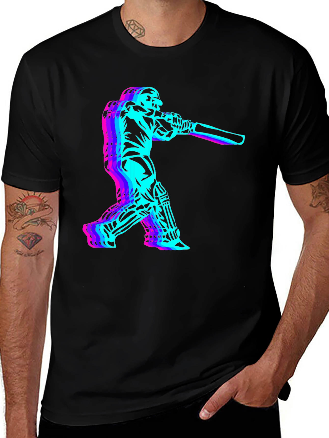Variant 6 of Cricket Player Graphic Tee - Neon Pop Design