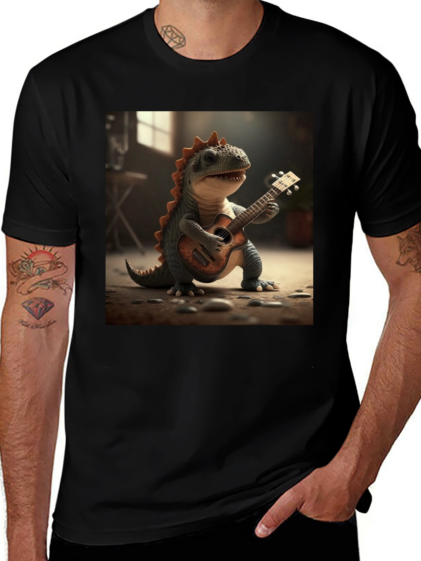Variant 14 of Dino Ukulele Player Black T-Shirt