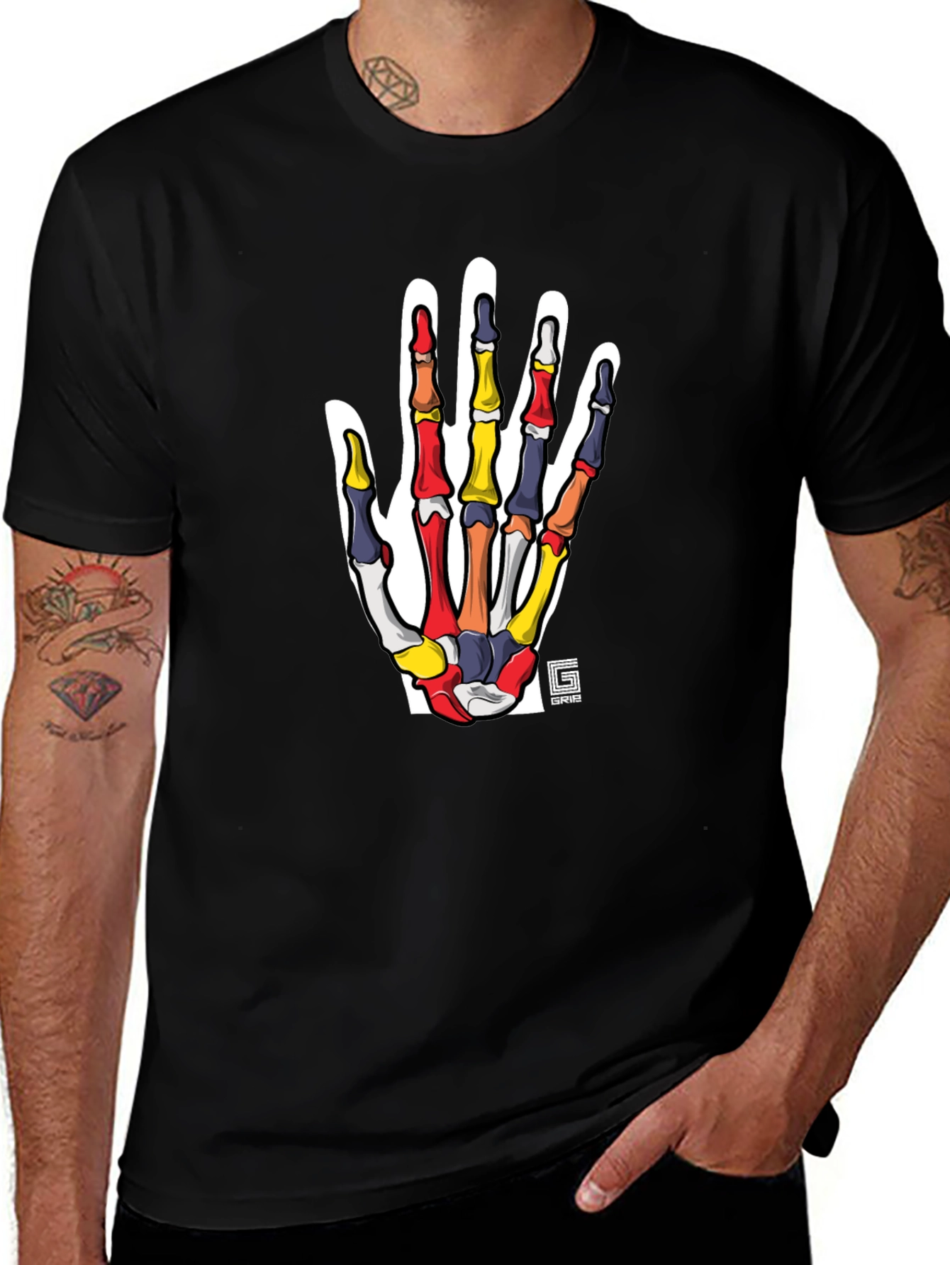 Variant 25 of Colorful Skeleton Hand Graphic Black T-Shirt