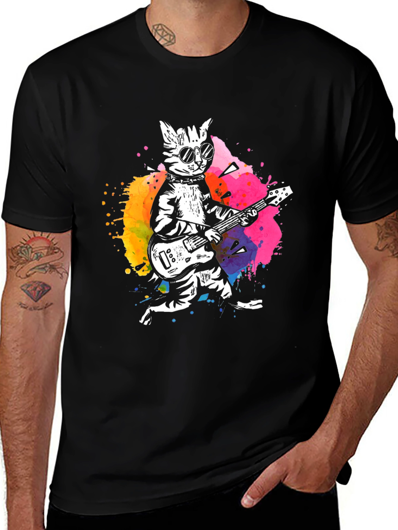 Variant 17 of Cool Cat Guitarist Graphic Tee - Black