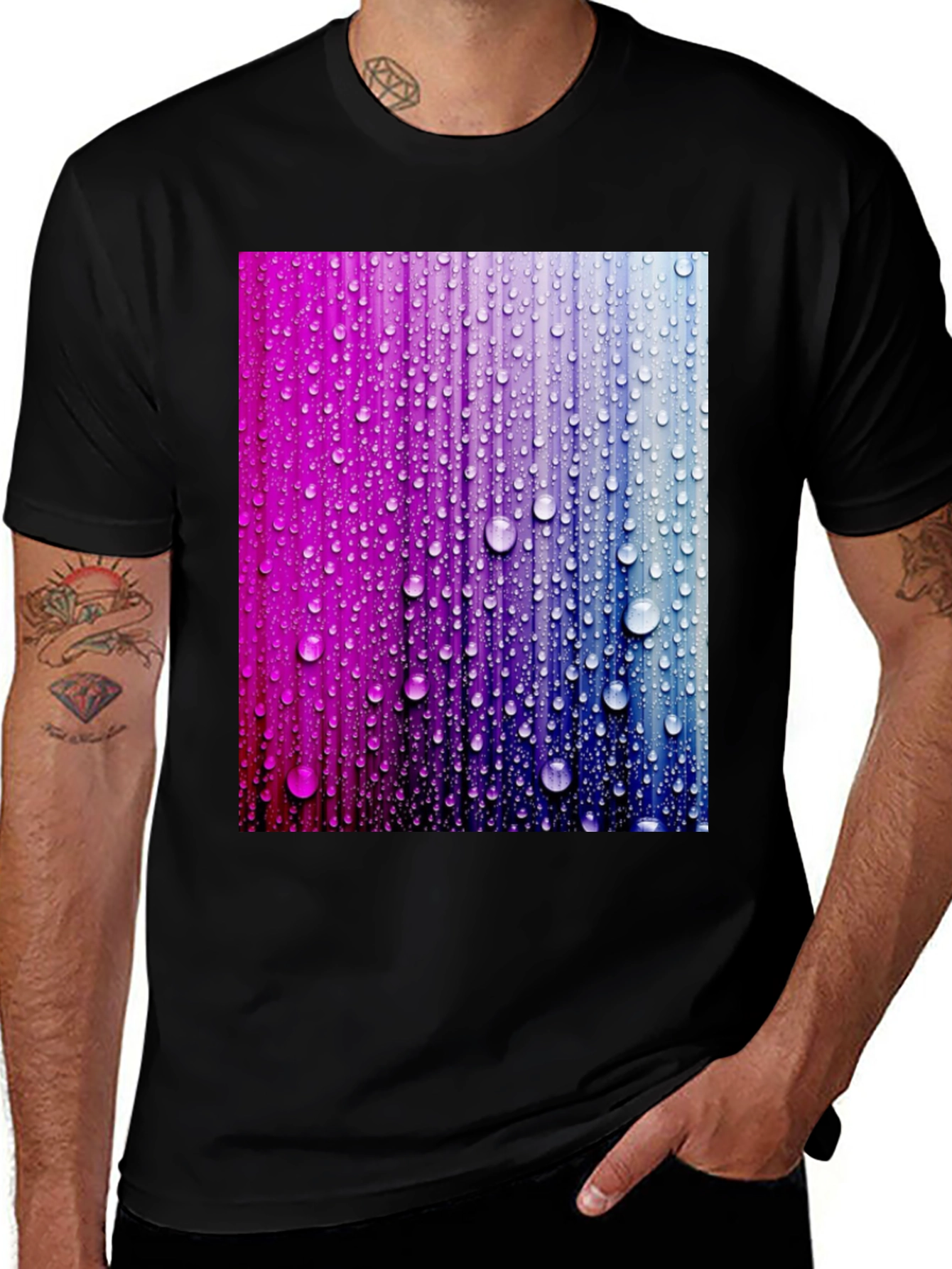 Variant 17 of Vibrant Raindrop Graphic Tee - Black Cotton T-Shirt