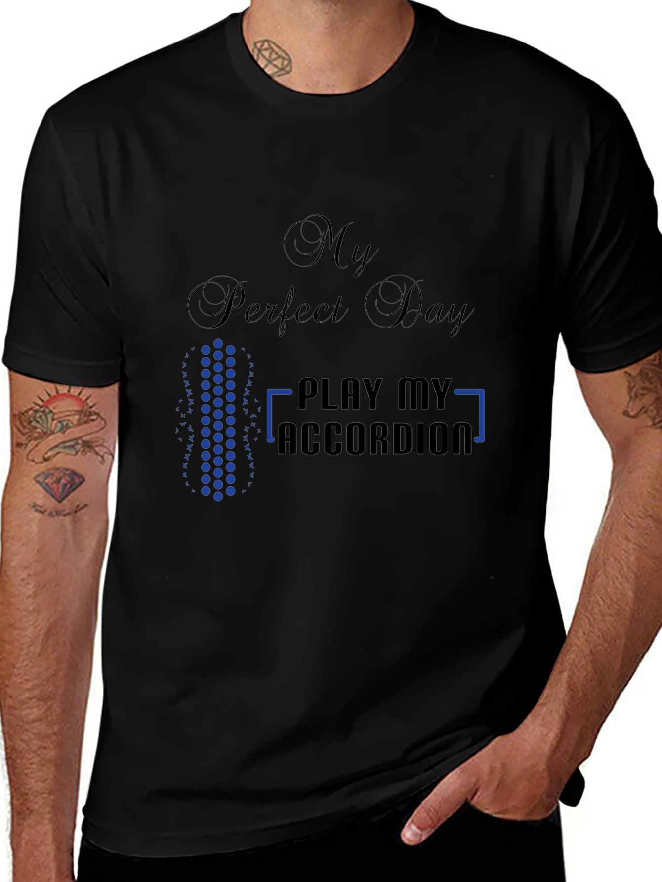 Variant 10 of My Perfect Day Accordion Player Black T-Shirt