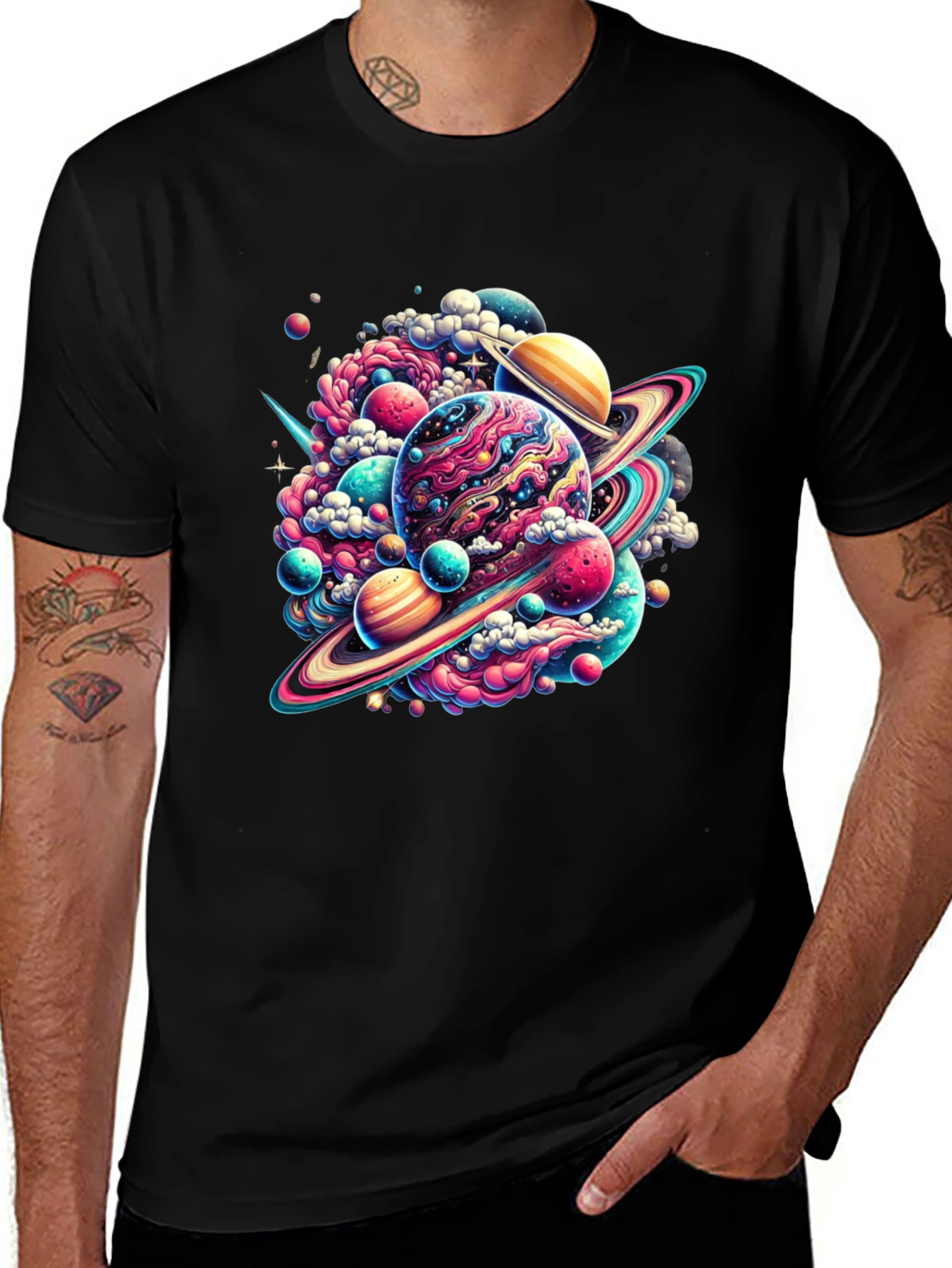 Black Cosmic Planet Graphic Tee - Black Cotton Comfort main image