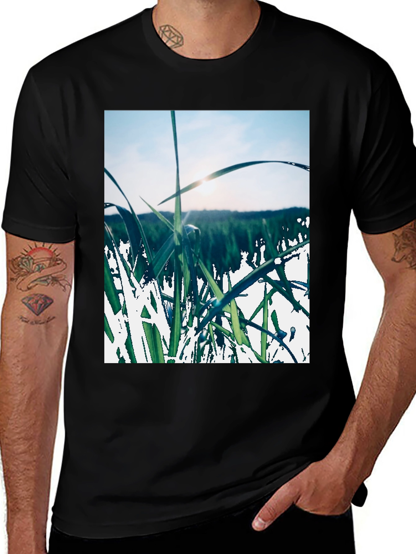 Grass Field Print Black T-Shirt