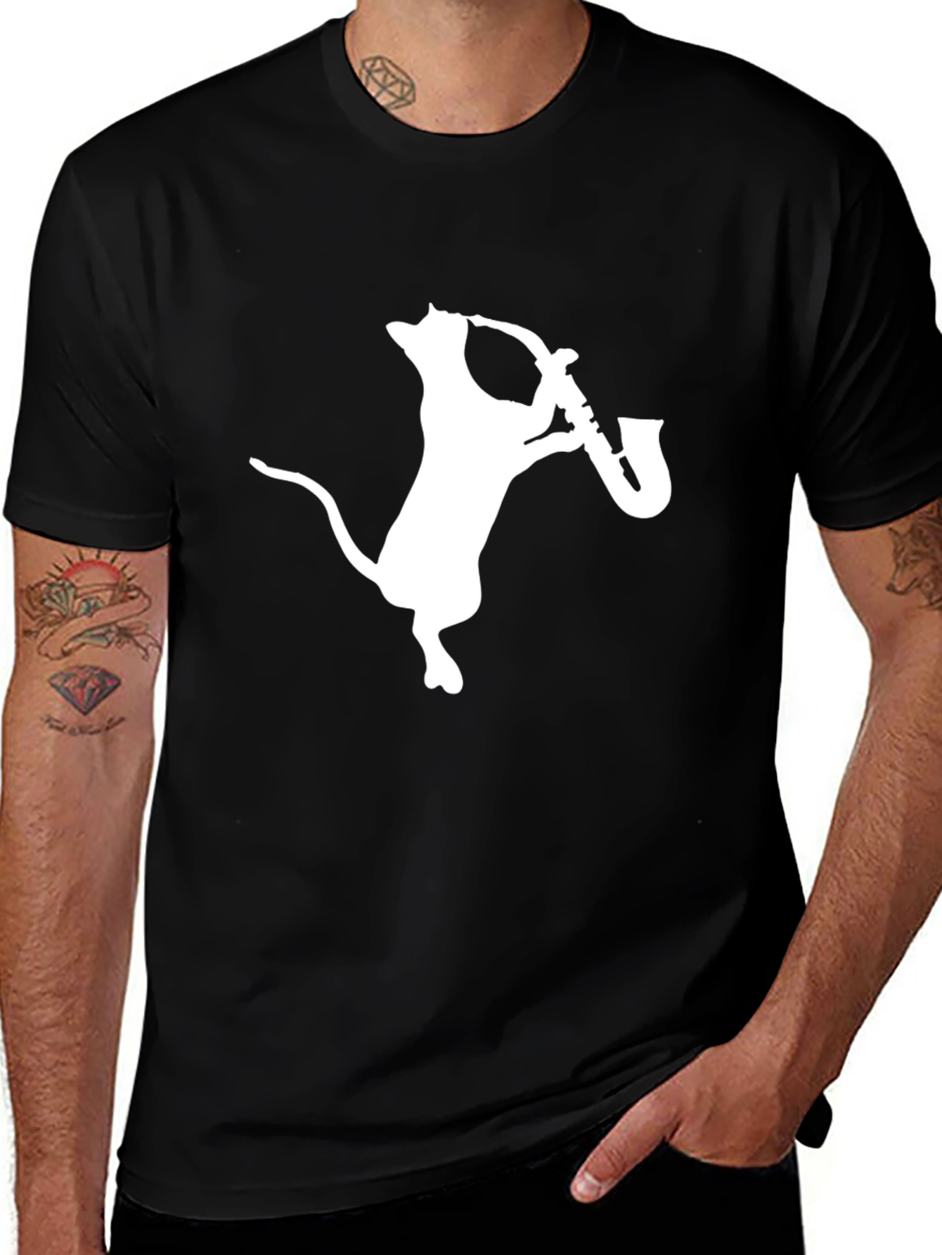 Variant 26 of Cool Cat Saxophone Black T-Shirt