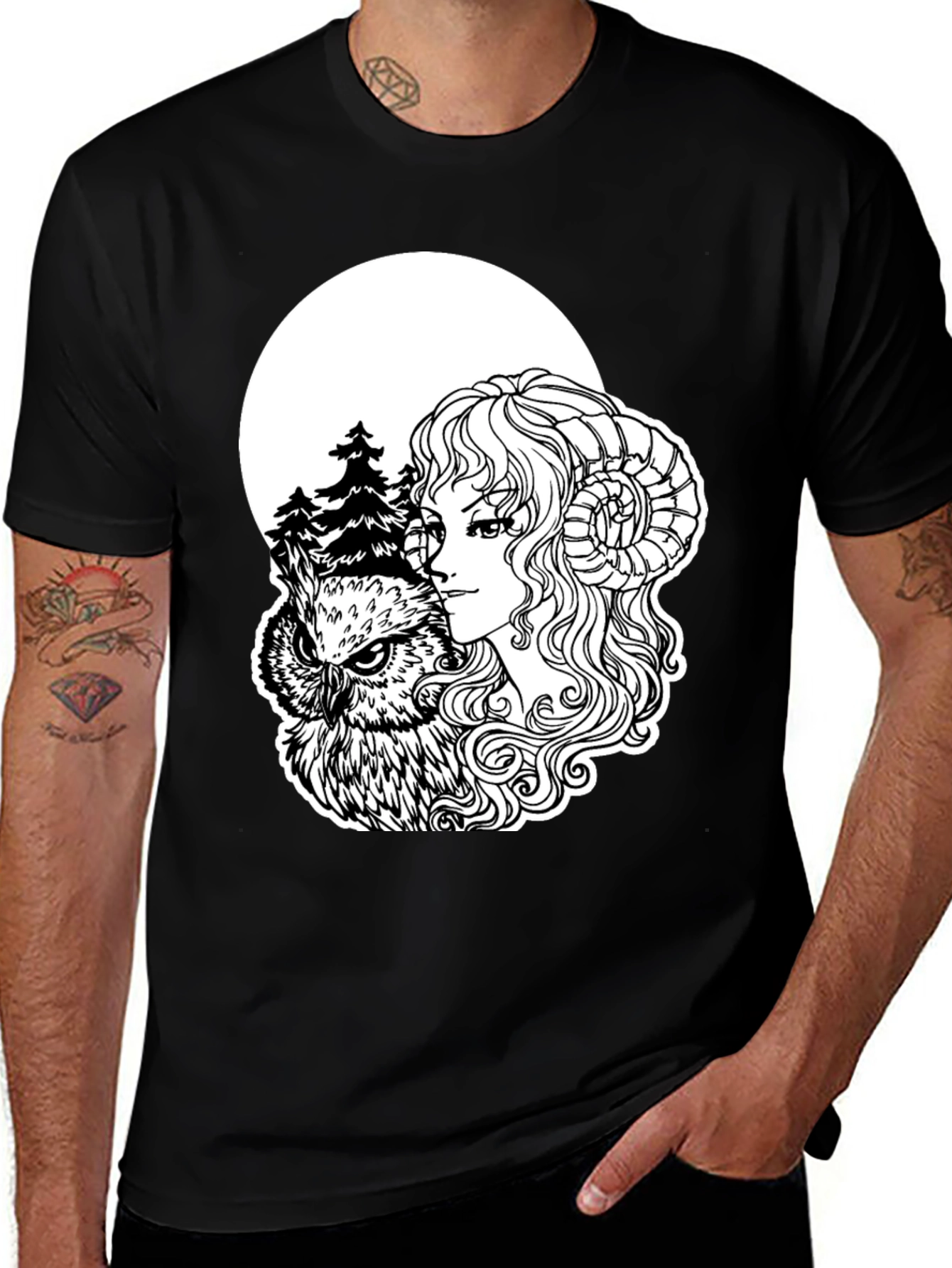 Variant 18 of Mystic Owl & Woman Graphic Tee - Black Unisex Shirt