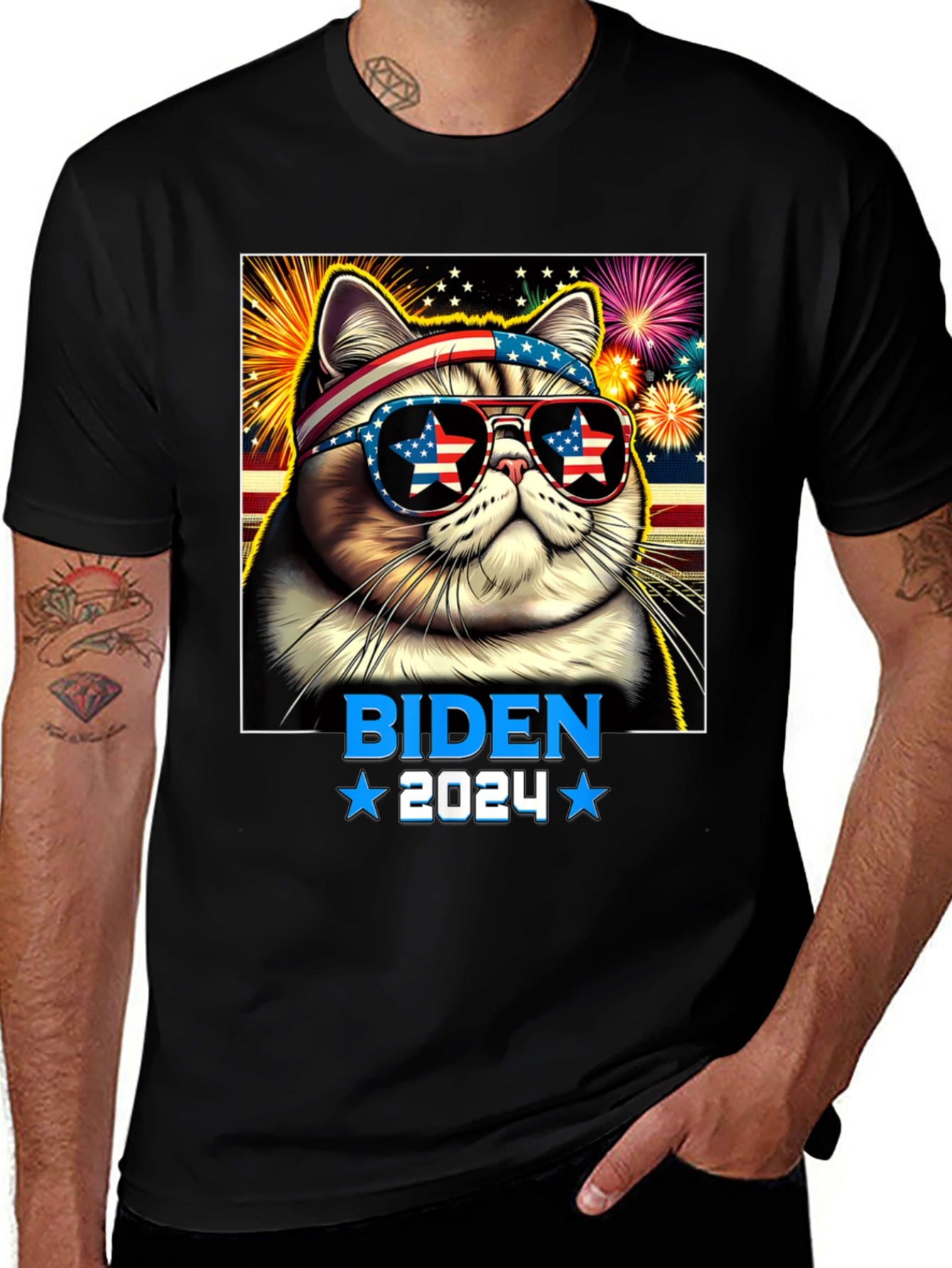 Biden 2024 Patriotic Cat Graphic T-Shirt