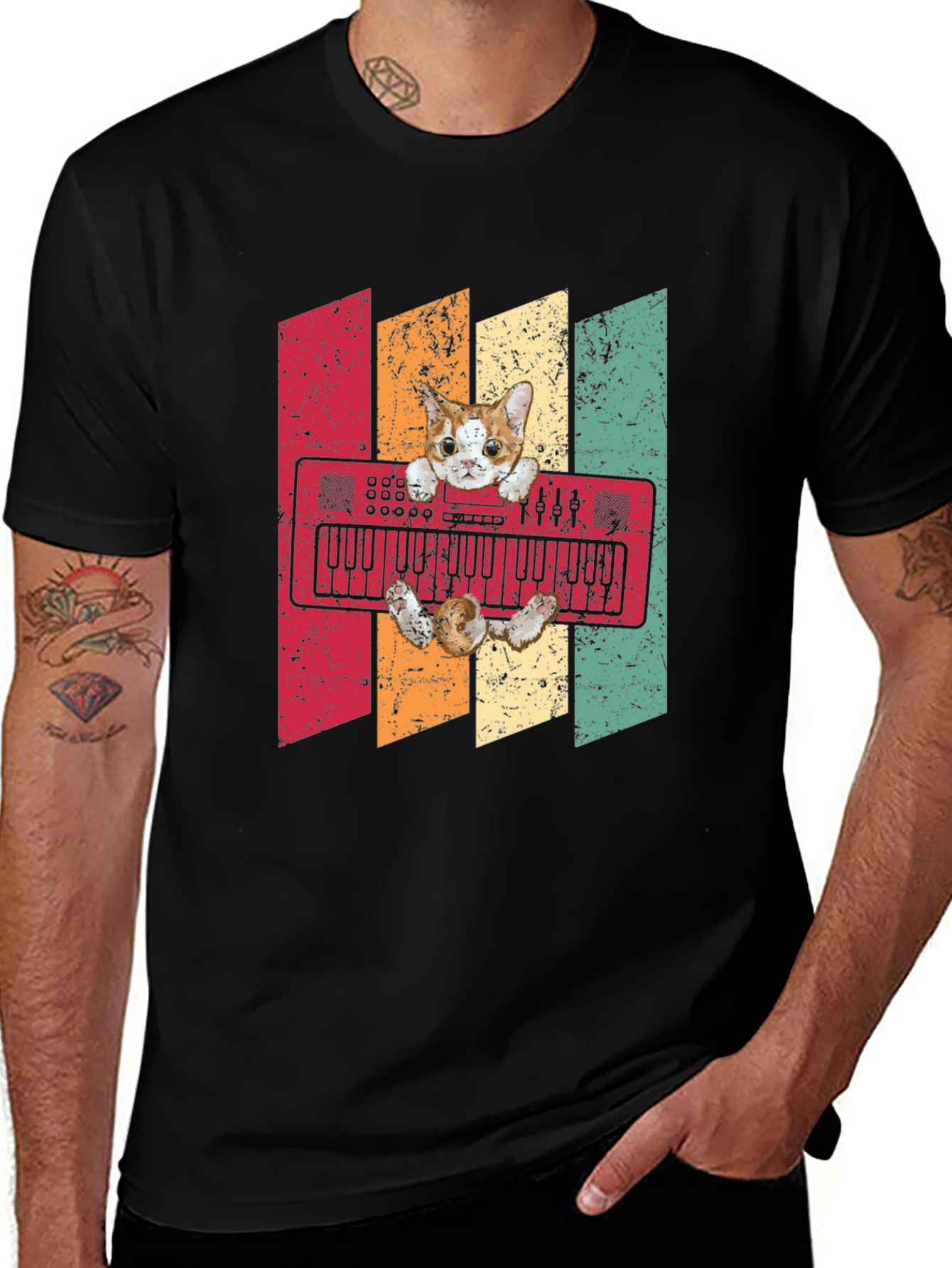 Variant 11 of Cat Playing Keyboard T-Shirt - Retro Style