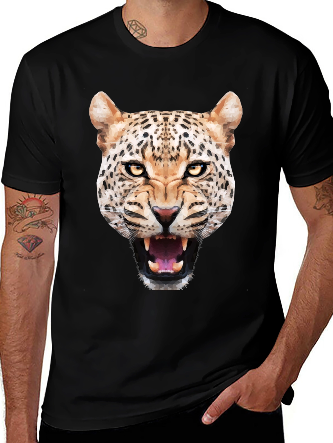 Variant 2 of Men's Black T-Shirt with Geometric Leopard Graphic