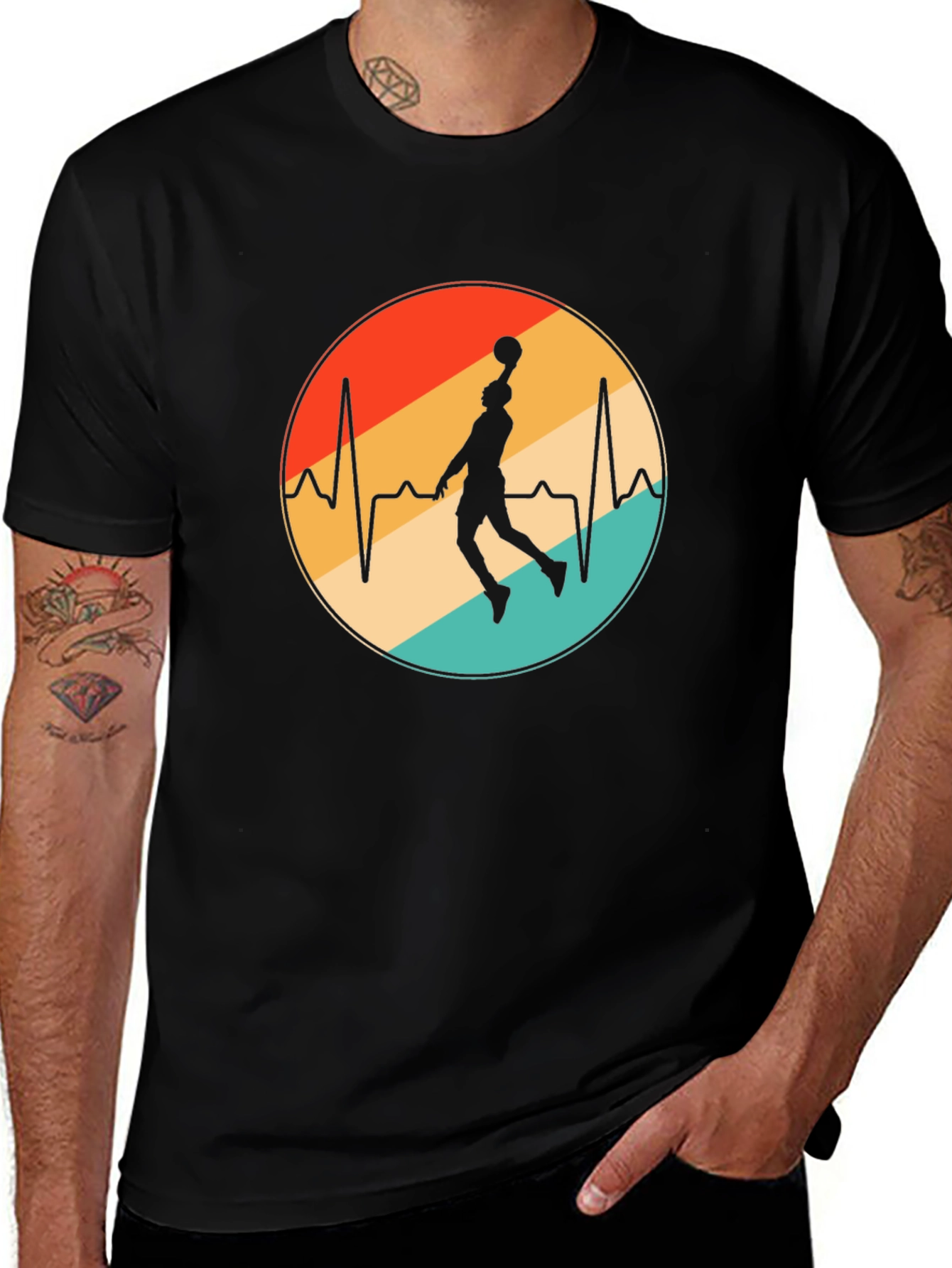 Variant 18 of Basketball Heartbeat Graphic Tee - Black Cotton T-Shirt