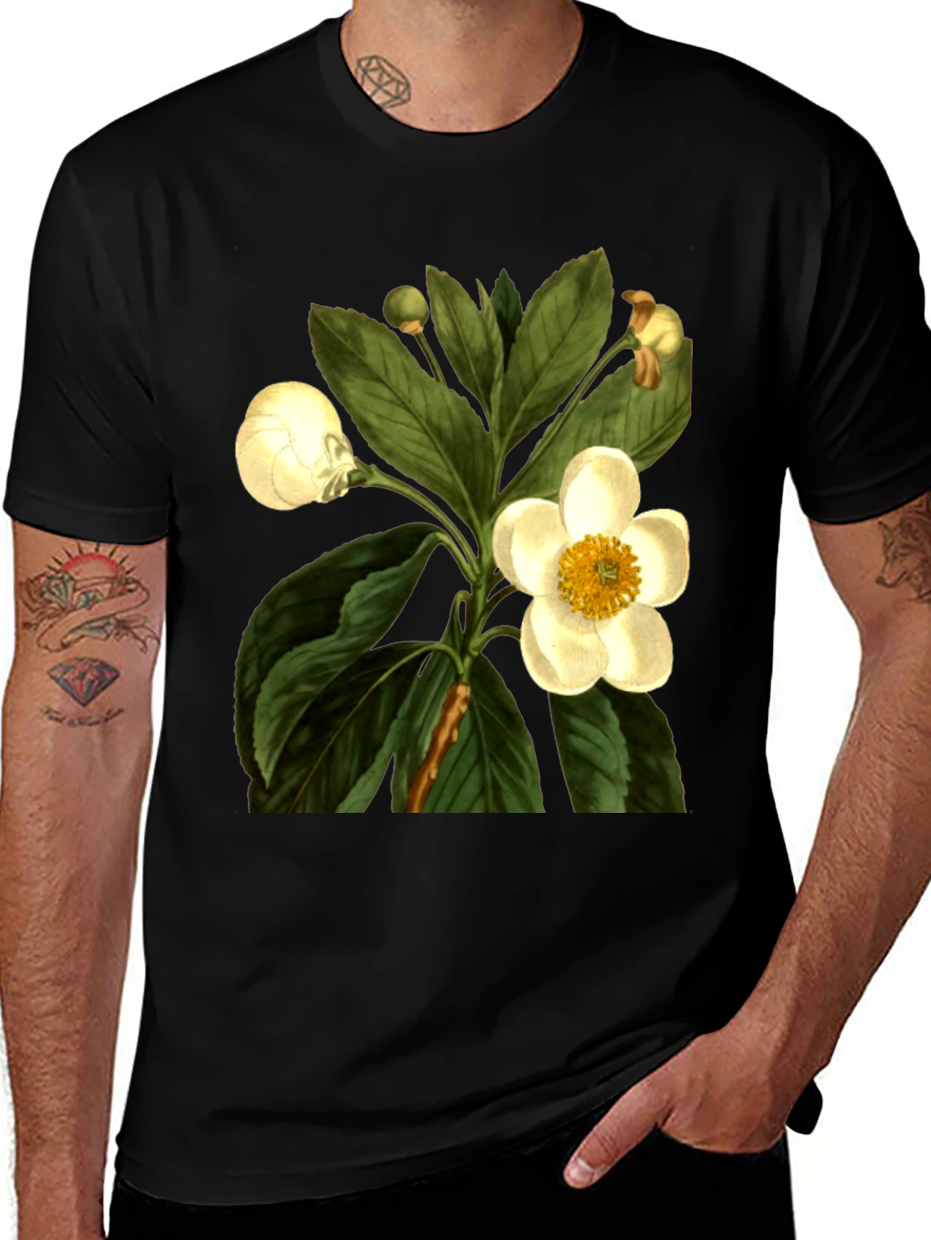 Variant 6 of Botanical Print T-Shirt - Black Cotton Tee