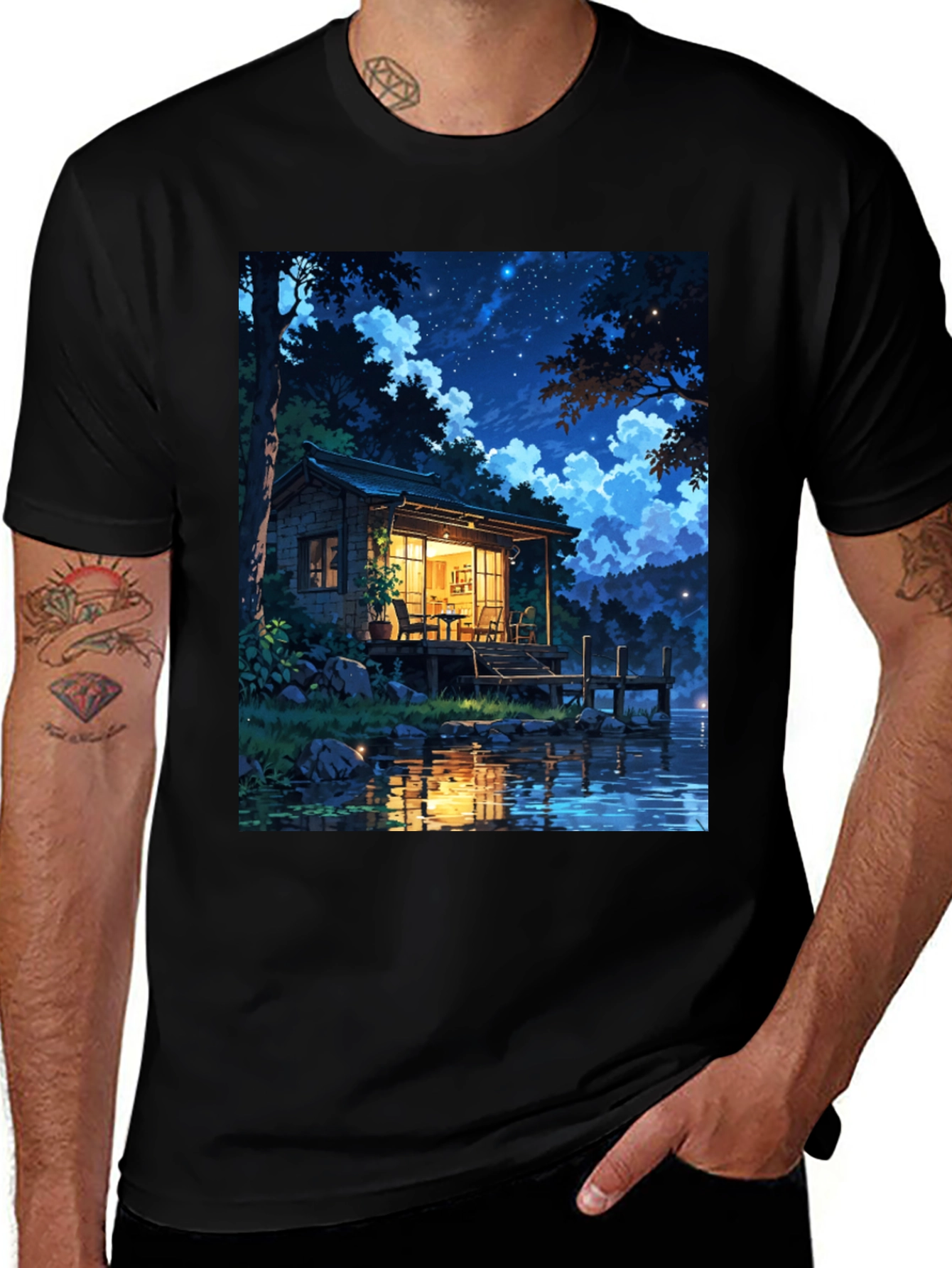 Variant 2 of Night Lake Cabin Graphic Tee - Black