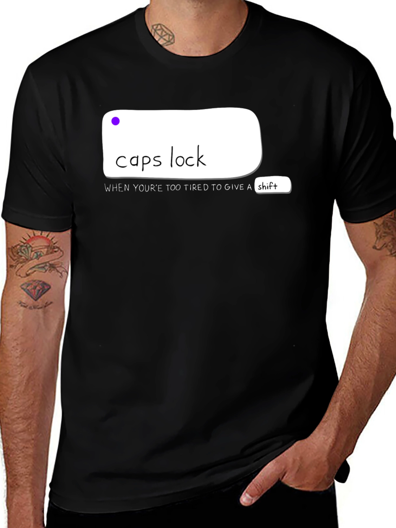 Variant 23 of Caps Lock Humor Tee - Too Tired to Shift!
