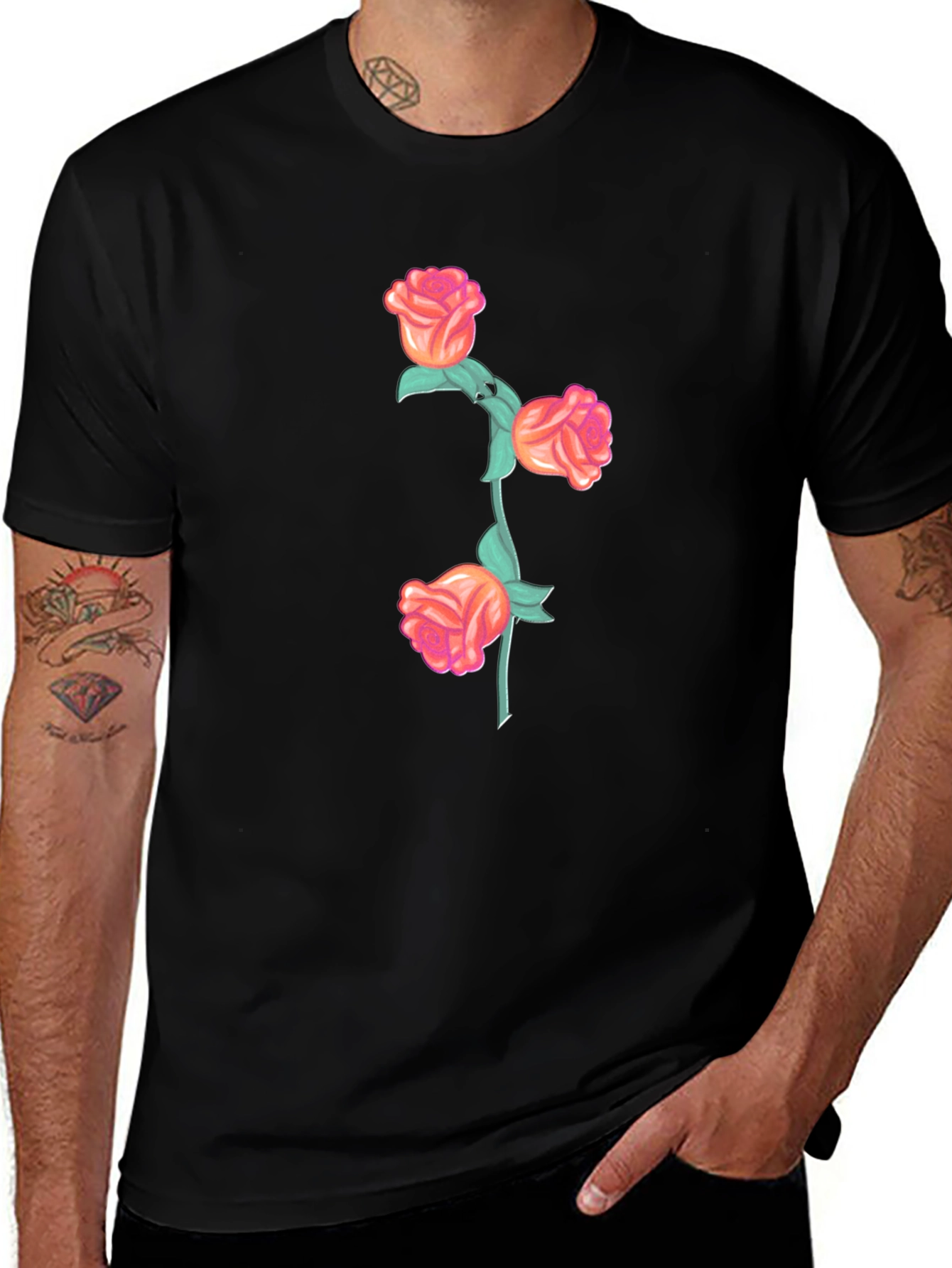 Variant 12 of Black T-Shirt with Floral Rose Stem Design