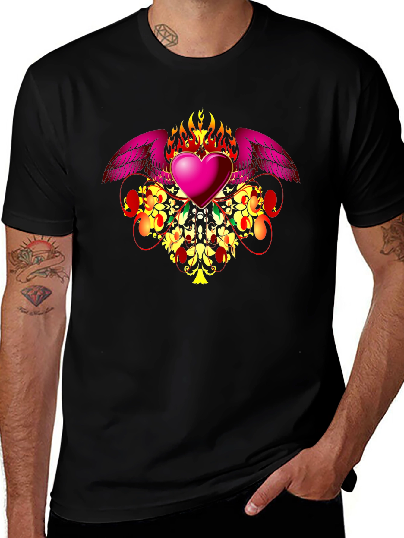 Variant 9 of Heart with Wings Graphic Tee - Black Cotton T-Shirt