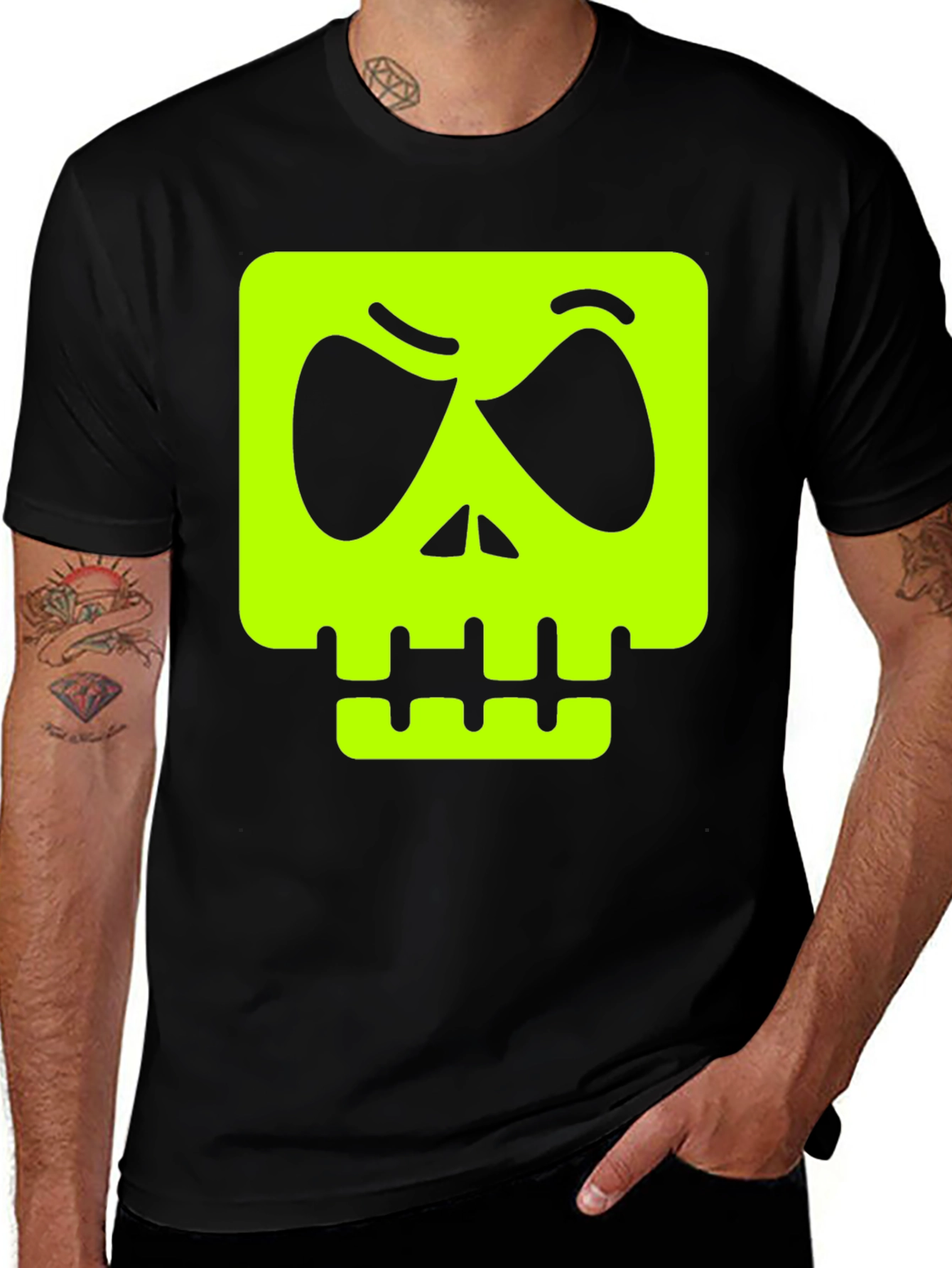 Variant 3 of Men's Black T-shirt with Neon Green Skull Graphic