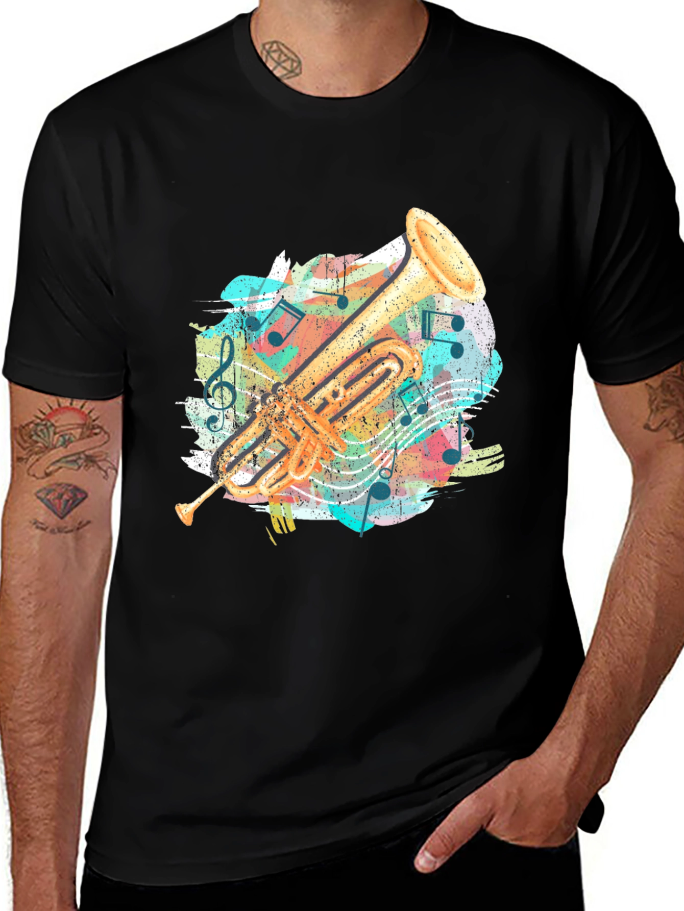 Variant 11 of Trumpet Music Notes Graphic Tee - Black Cotton Shirt