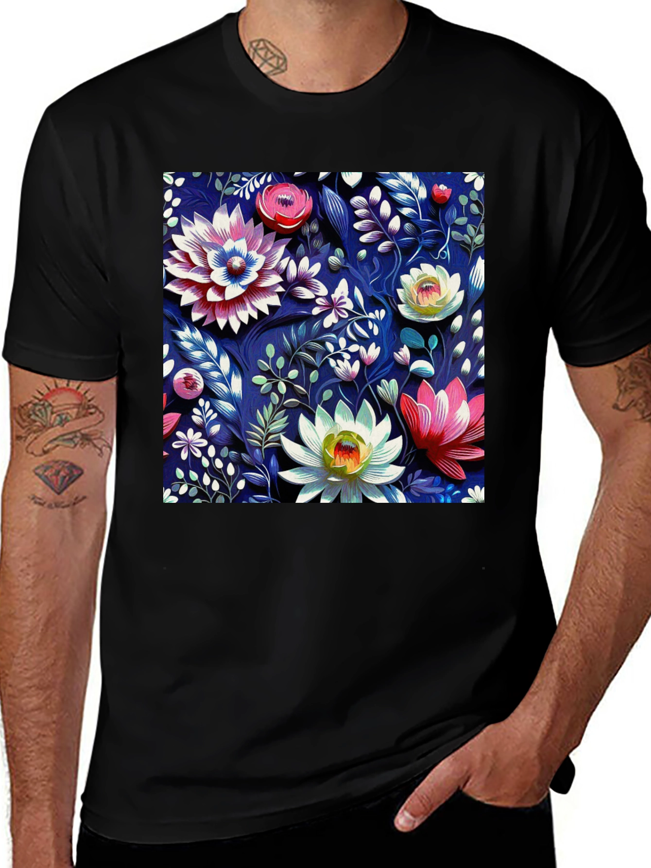 Variant 5 of Floral Art Graphic Tee - Stylish Men's Crew Neck T-Shirt
