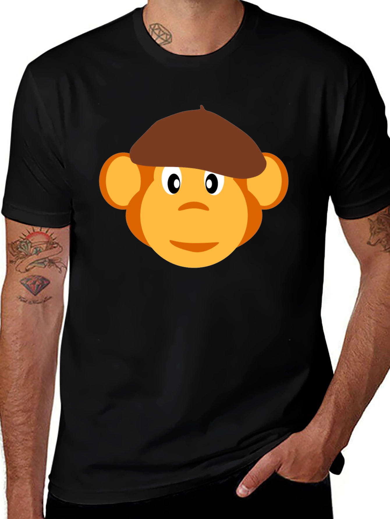 Variant 22 of Monkey Beret Graphic Tee - Black Cotton T-Shirt