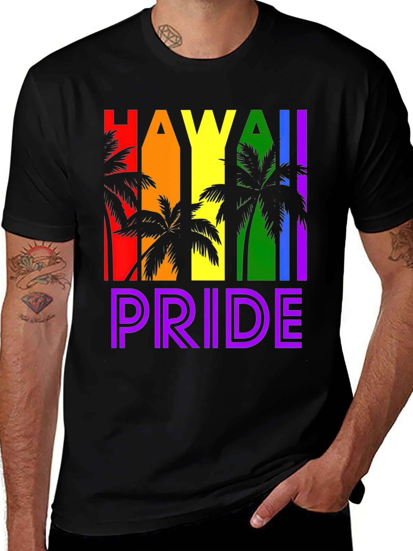 Hawaii Pride T-Shirt - Palm Tree Rainbow Design
