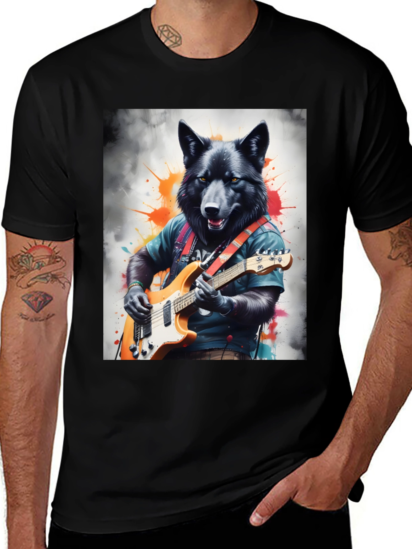 Variant 12 of Wolf Guitarist Graphic Tee - Black Unisex T-Shirt