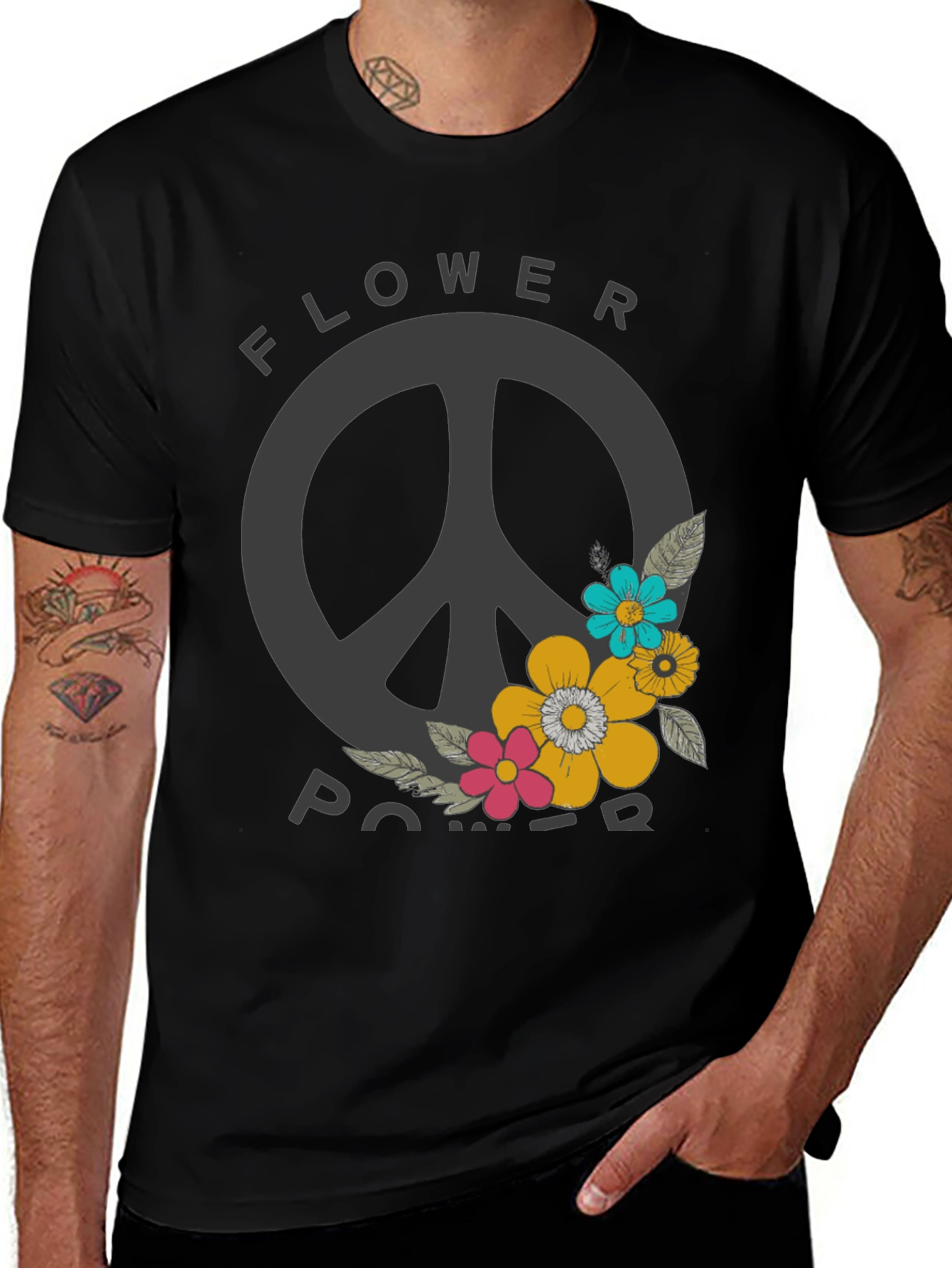 Variant 7 of Flower Power Peace Sign Graphic Tee - Black