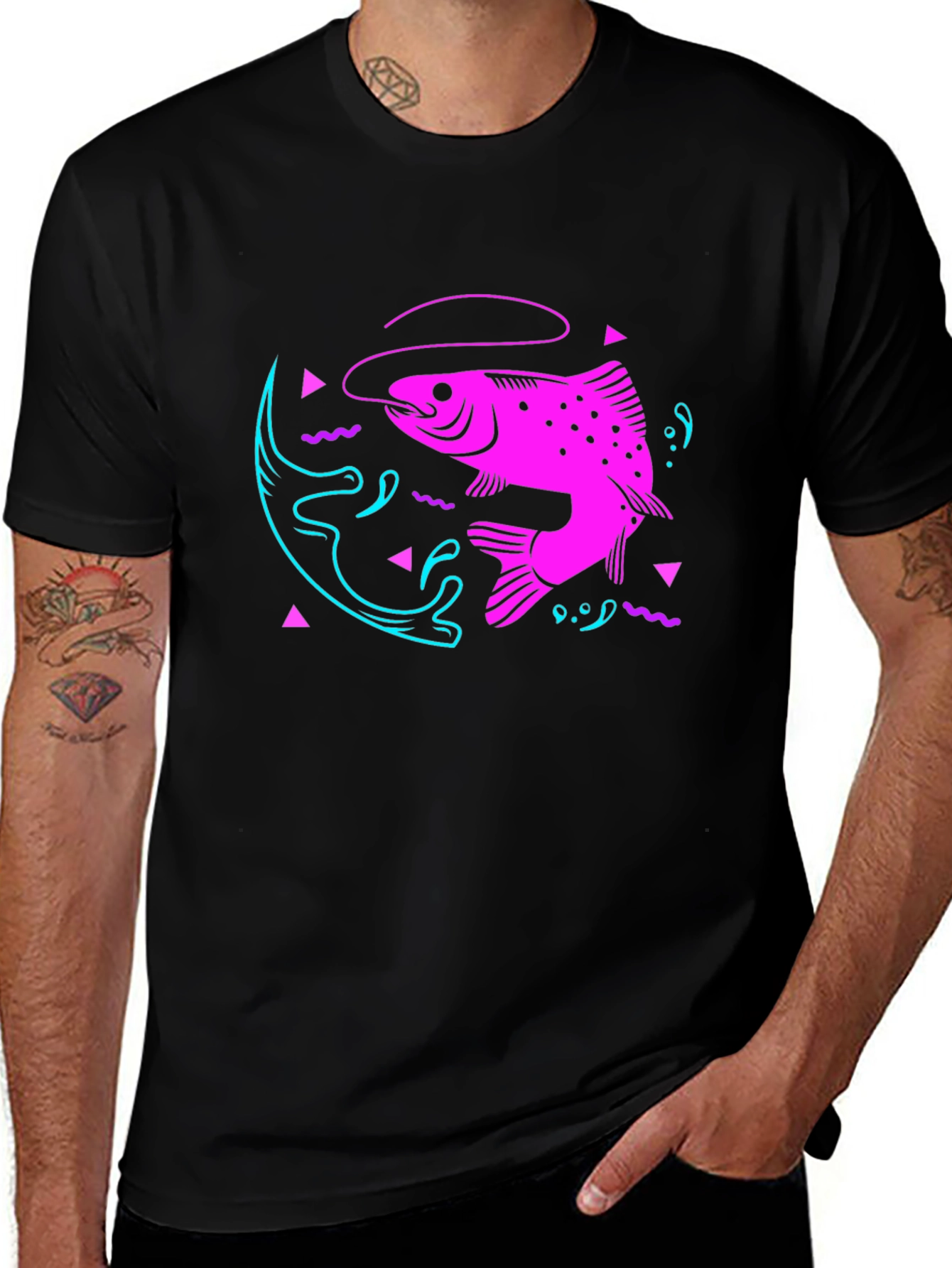 Variant 10 of Retro Fish Graphic Tee - Black Cotton T-Shirt