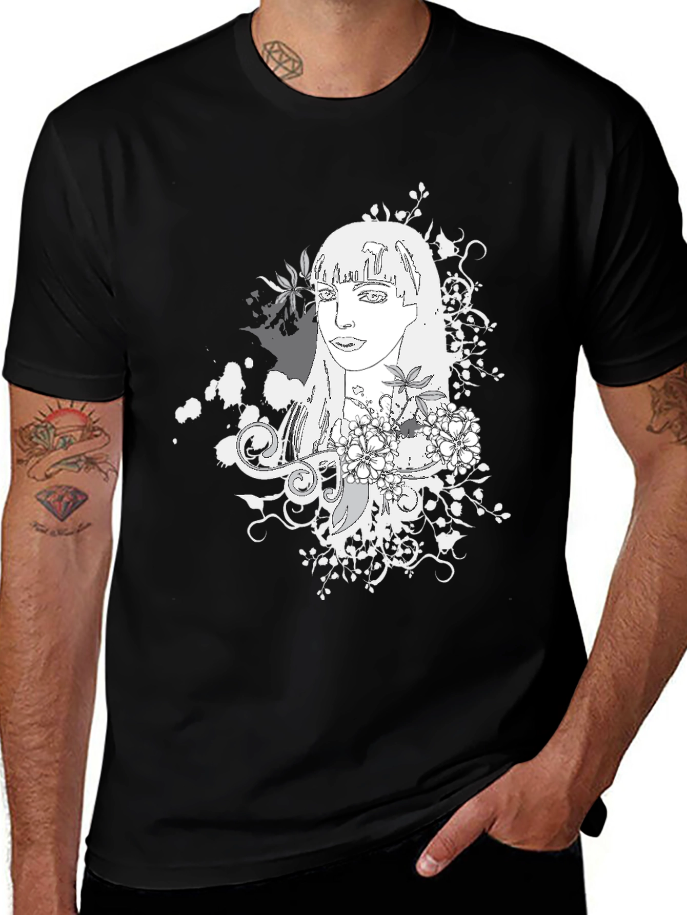 Variant 27 of Unique Black T-Shirt with Artistic Floral Woman Design