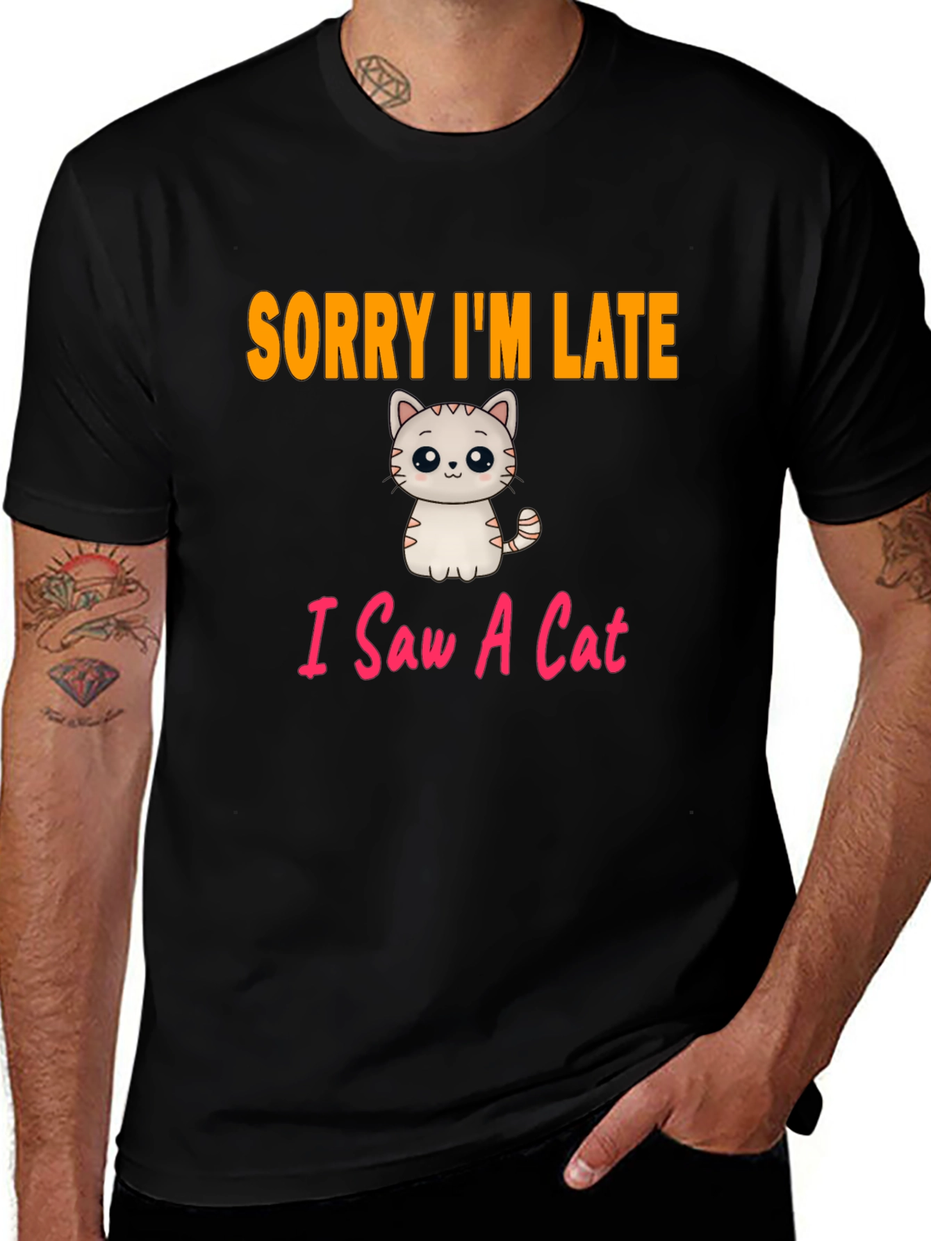 Black Funny Cat T-Shirt - Sorry I'm Late main image