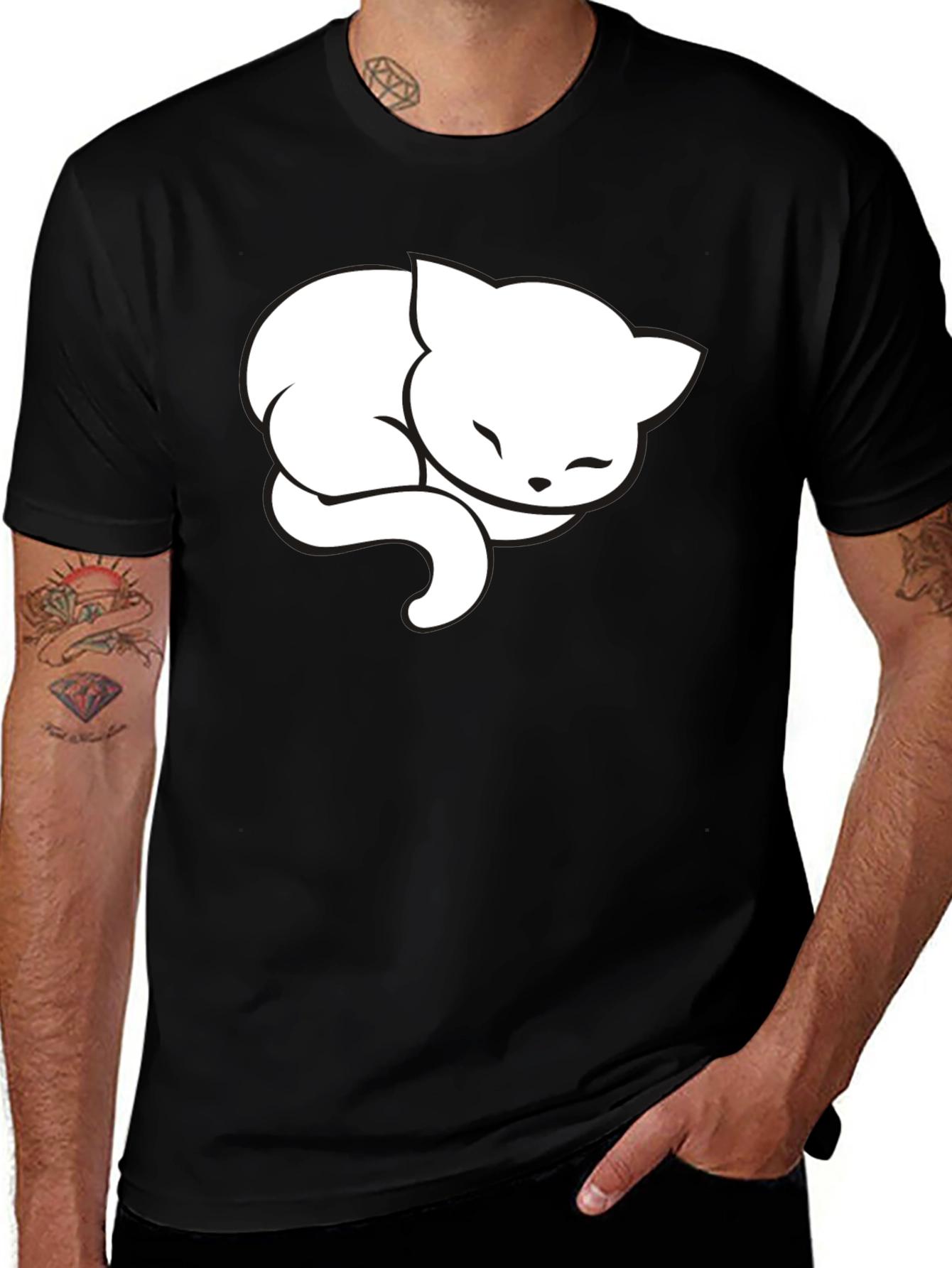 Variant 14 of Cute Sleeping Cat Graphic Tee - Black Cotton Blend