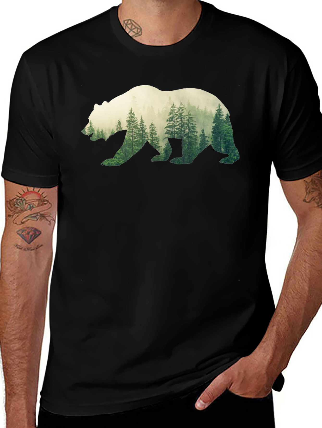 Variant 28 of Bear Forest Silhouette Graphic Tee - Men's Black T-Shirt