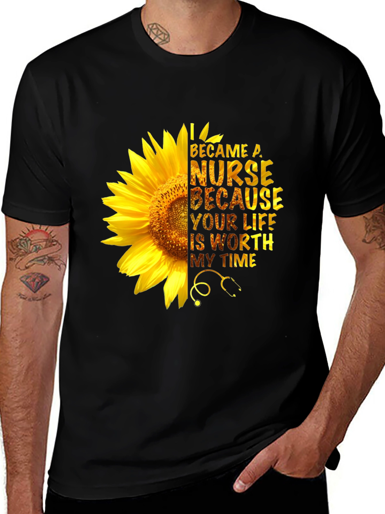 Variant 30 of Nurse Sunflower Graphic Tee - Black Unisex T-Shirt
