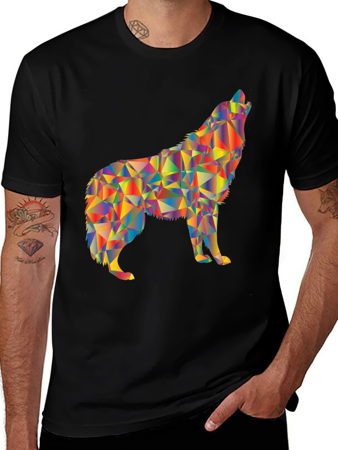 Variant 9 of Geometric Wolf Graphic Print Black T-Shirt