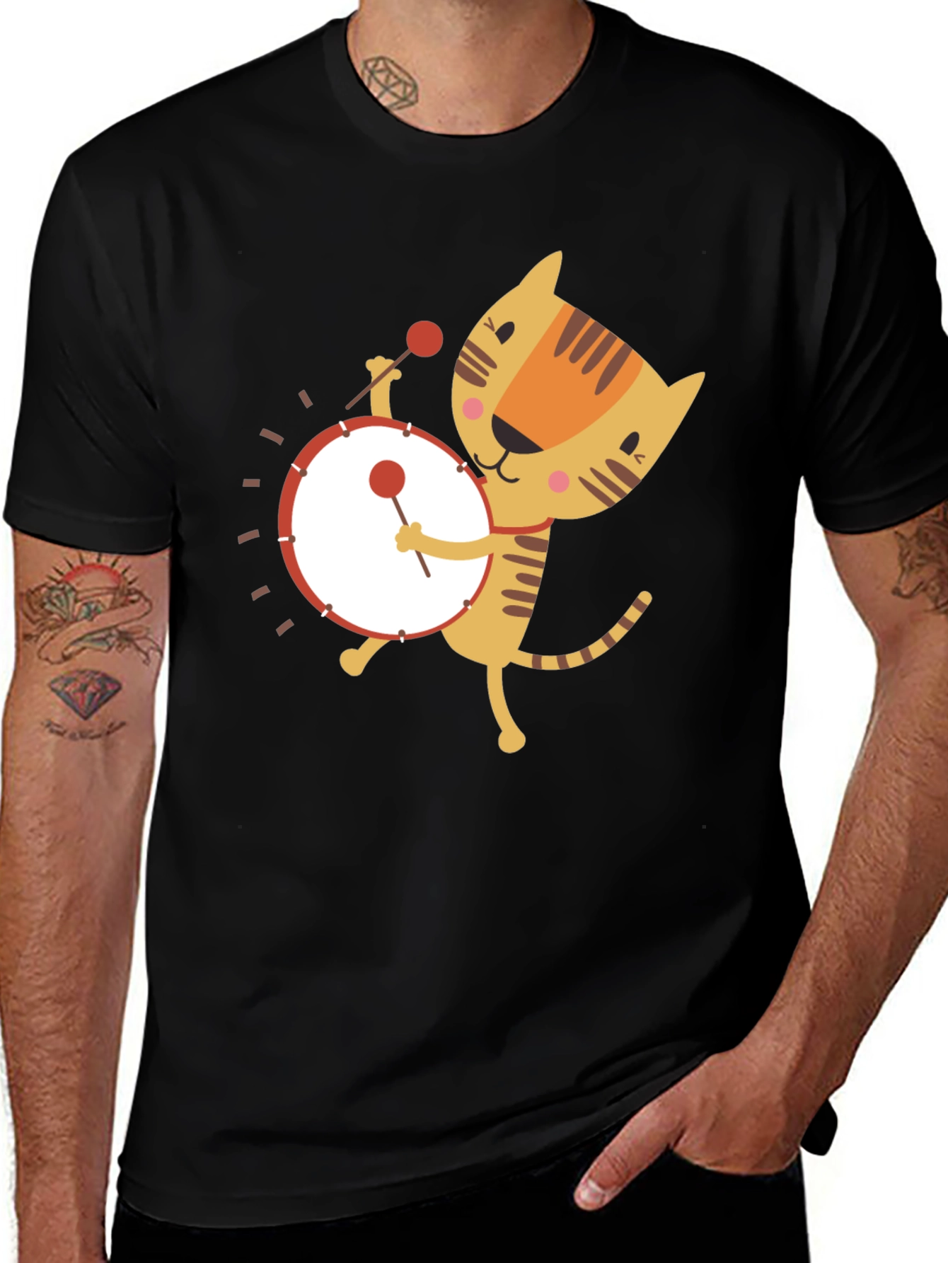 Variant 13 of Cute Cartoon Cat Drummer Graphic Tee