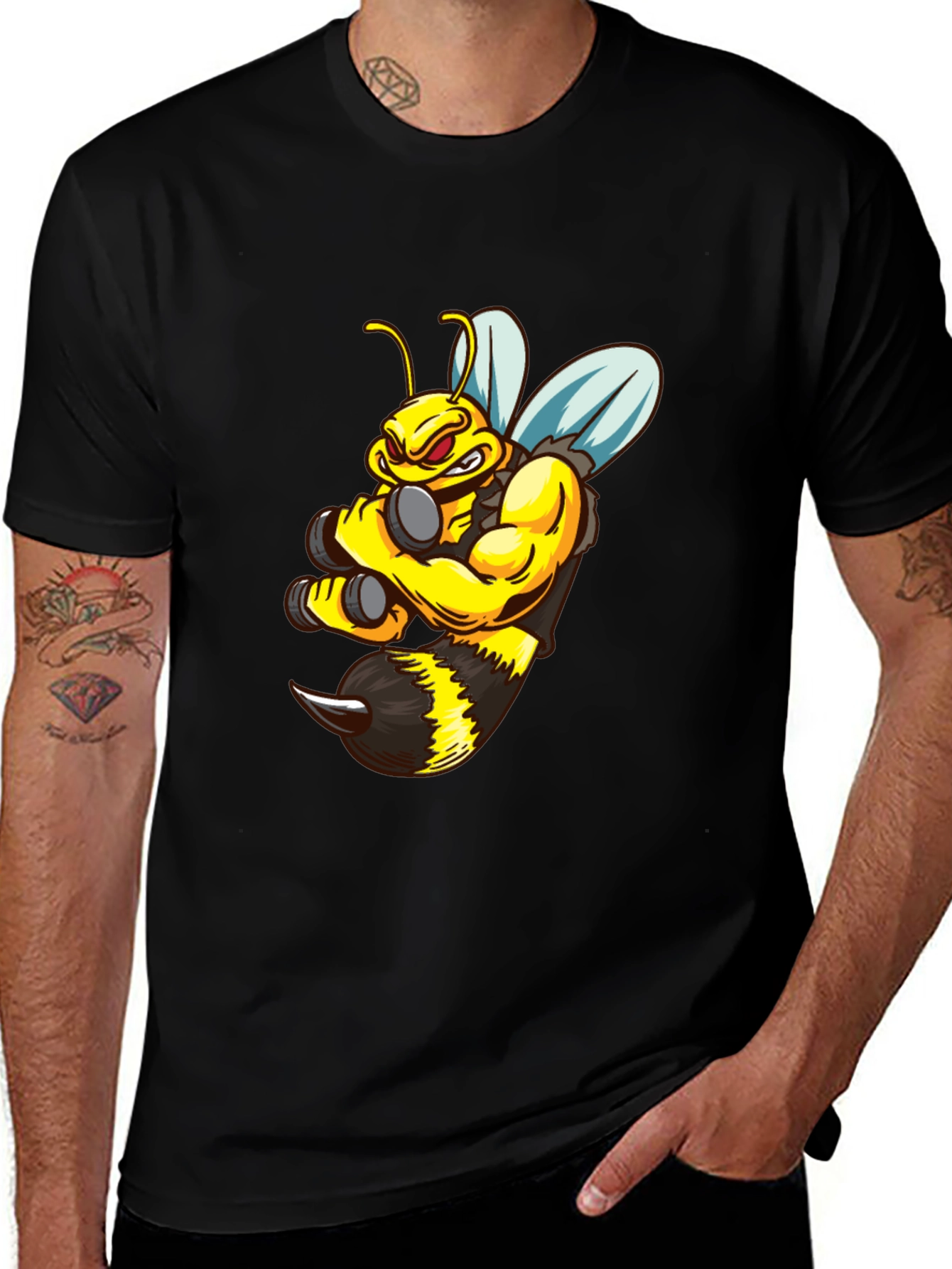 Variant 29 of Funny Muscular Bee T-Shirt - Black Cotton Tee