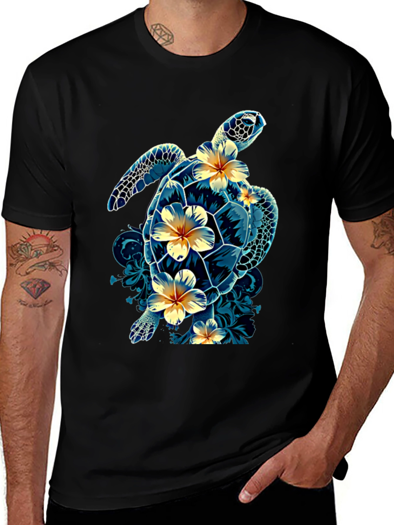 Variant 12 of Turtle & Floral Print Black T-Shirt