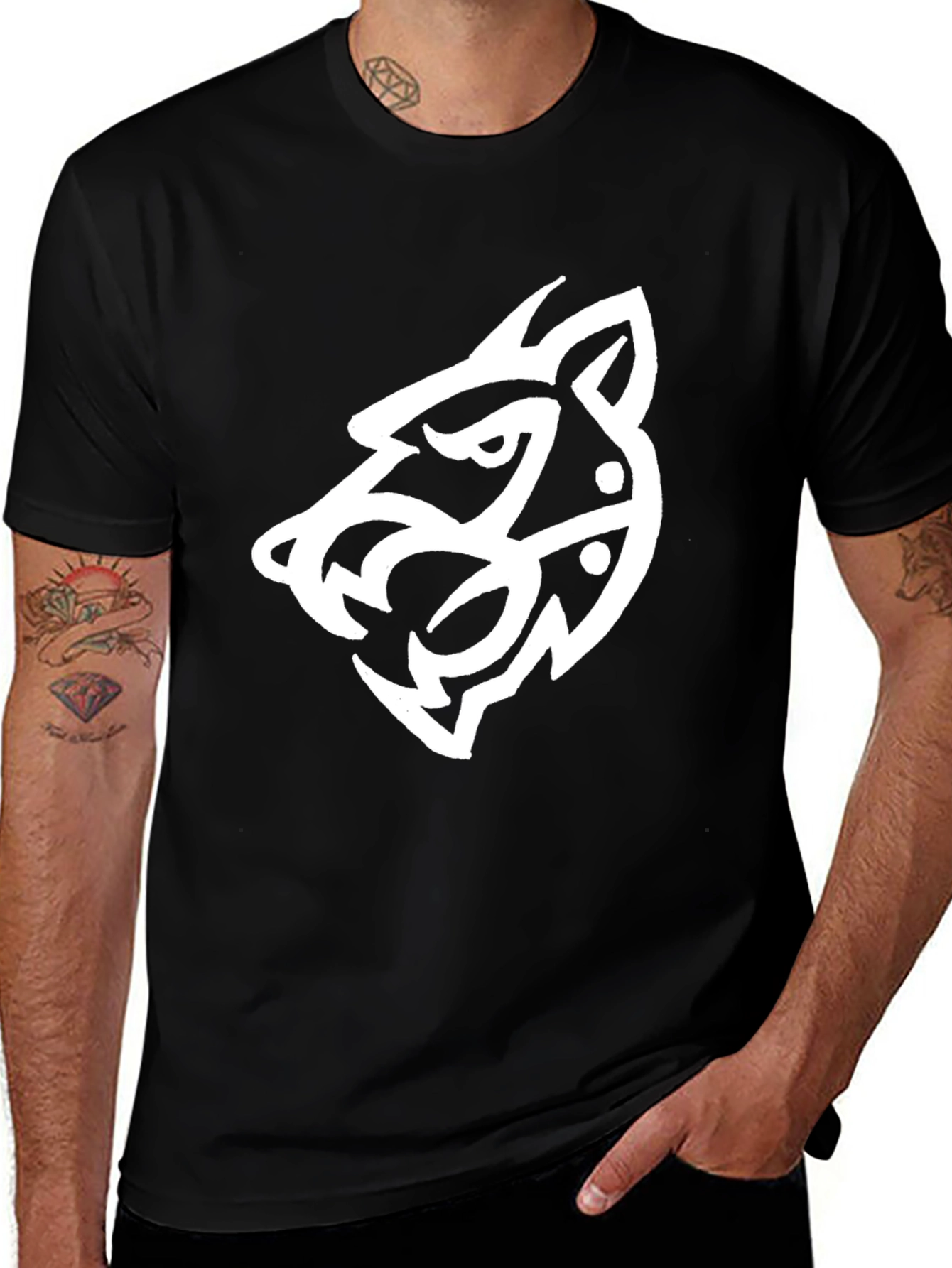 Variant 16 of Men's Black T-Shirt with White Tribal Wolf Design
