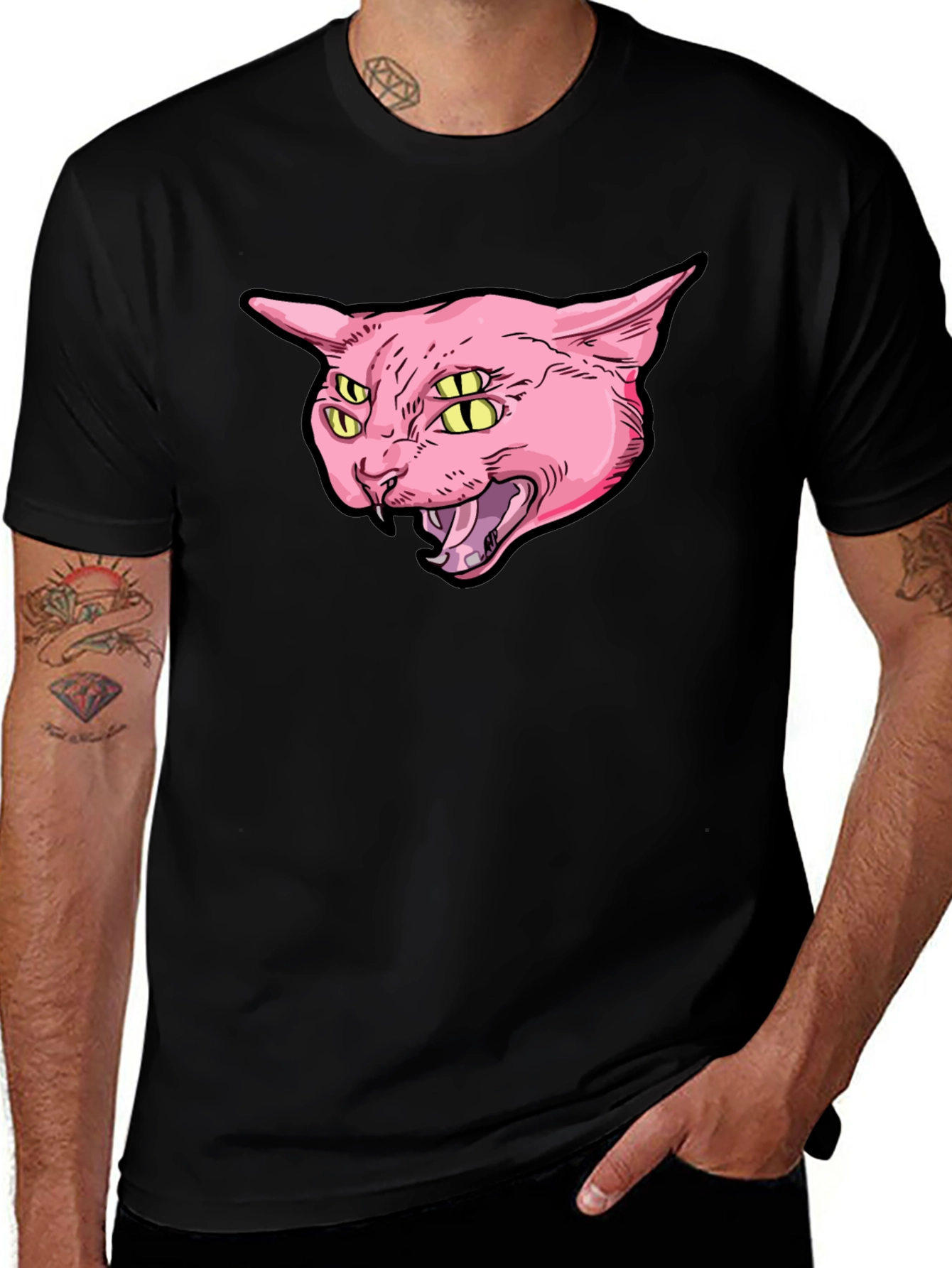 Variant 14 of Four-Eyed Cat Graphic Print Black T-Shirt