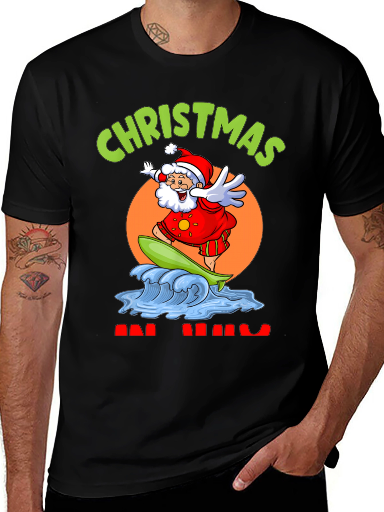 Surfing Santa Christmas Graphic Tee - Holiday Fun!