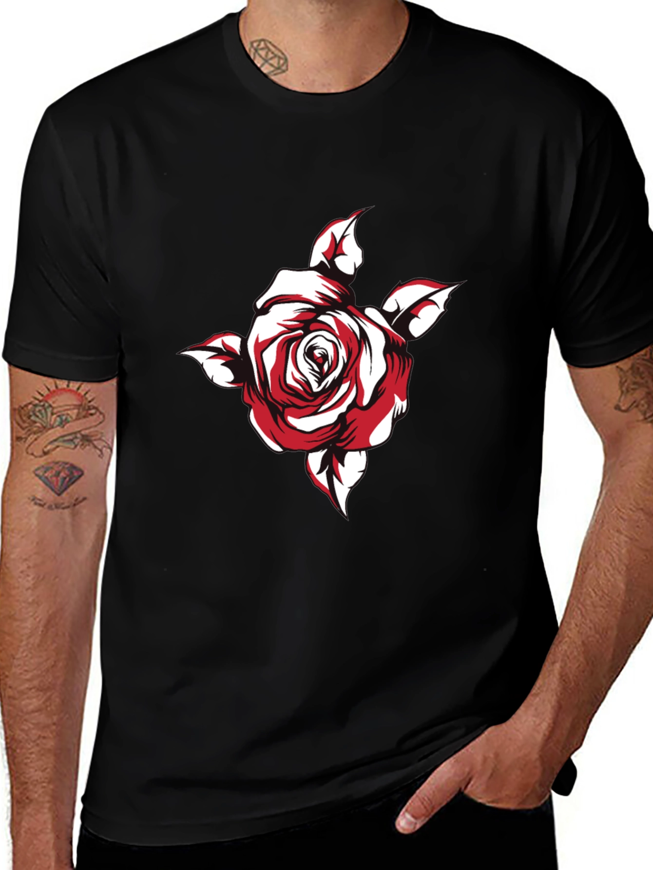 Variant 3 of Red Rose Graphic Print Black T-Shirt