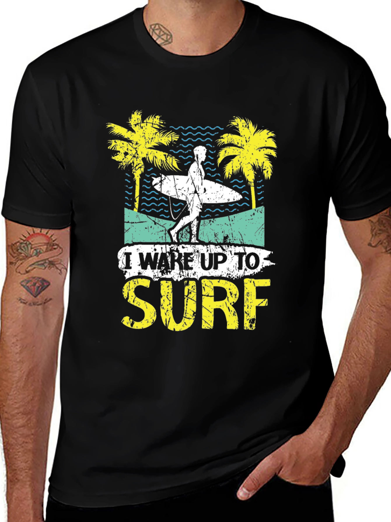 Variant 6 of Men's Black 'I Wake Up to Surf' Graphic T-Shirt