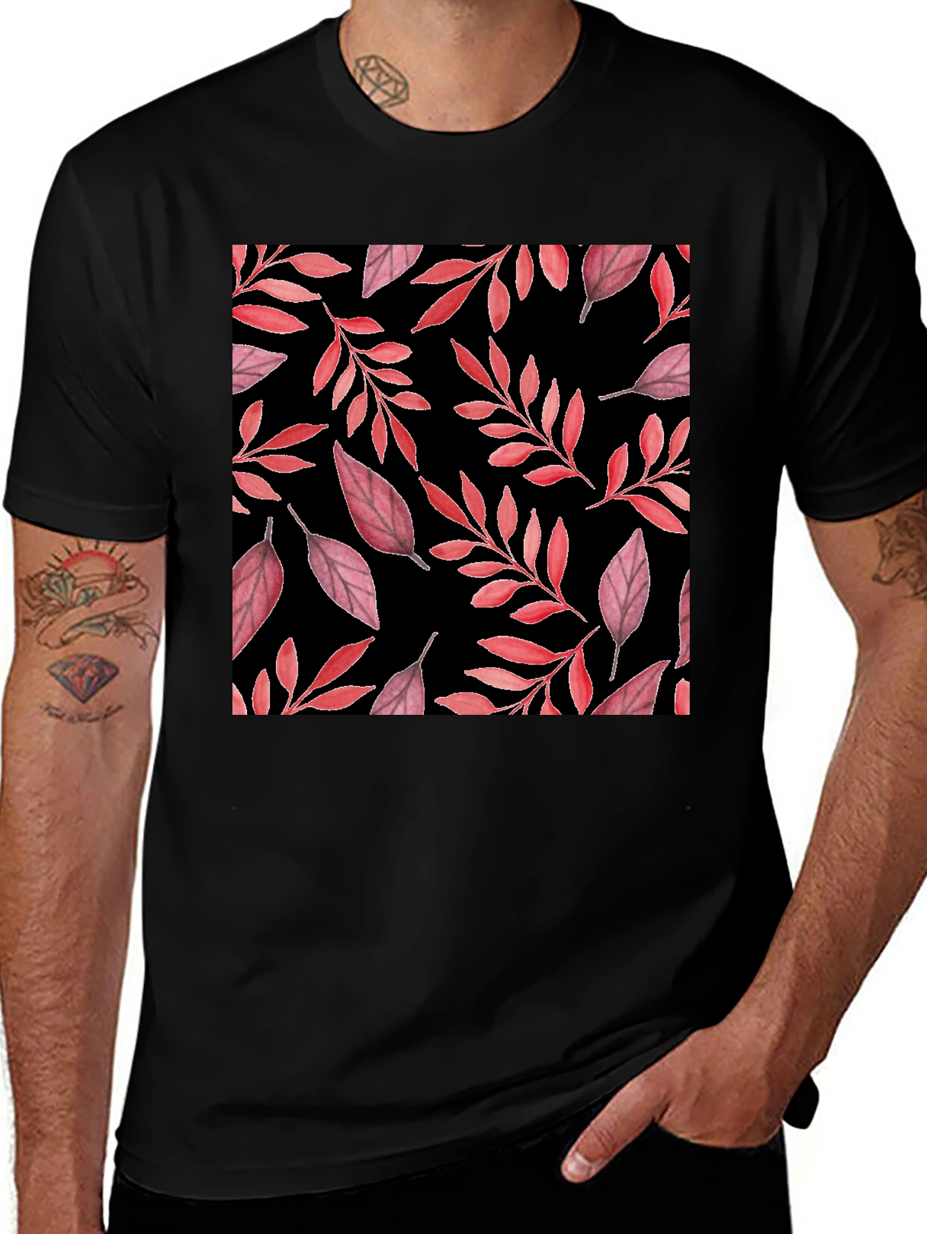 Variant 18 of Black T-Shirt with Red Leaf Pattern