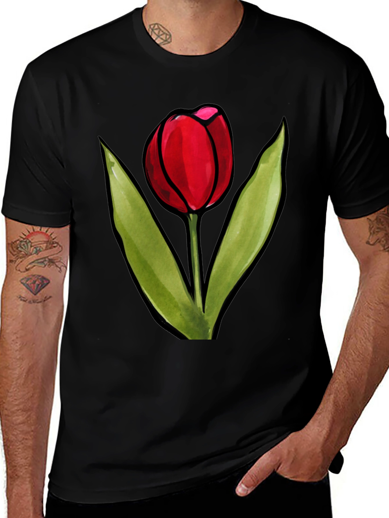 Variant 27 of Red Tulip Graphic Black T-Shirt