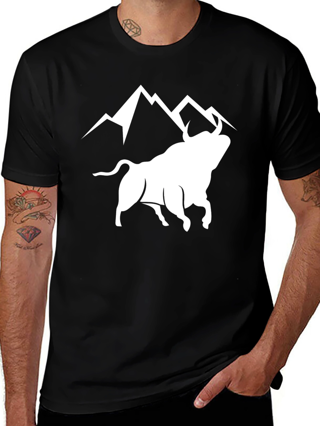 Variant 2 of Bull & Mountain Graphic Tee - Black Cotton Blend Shirt