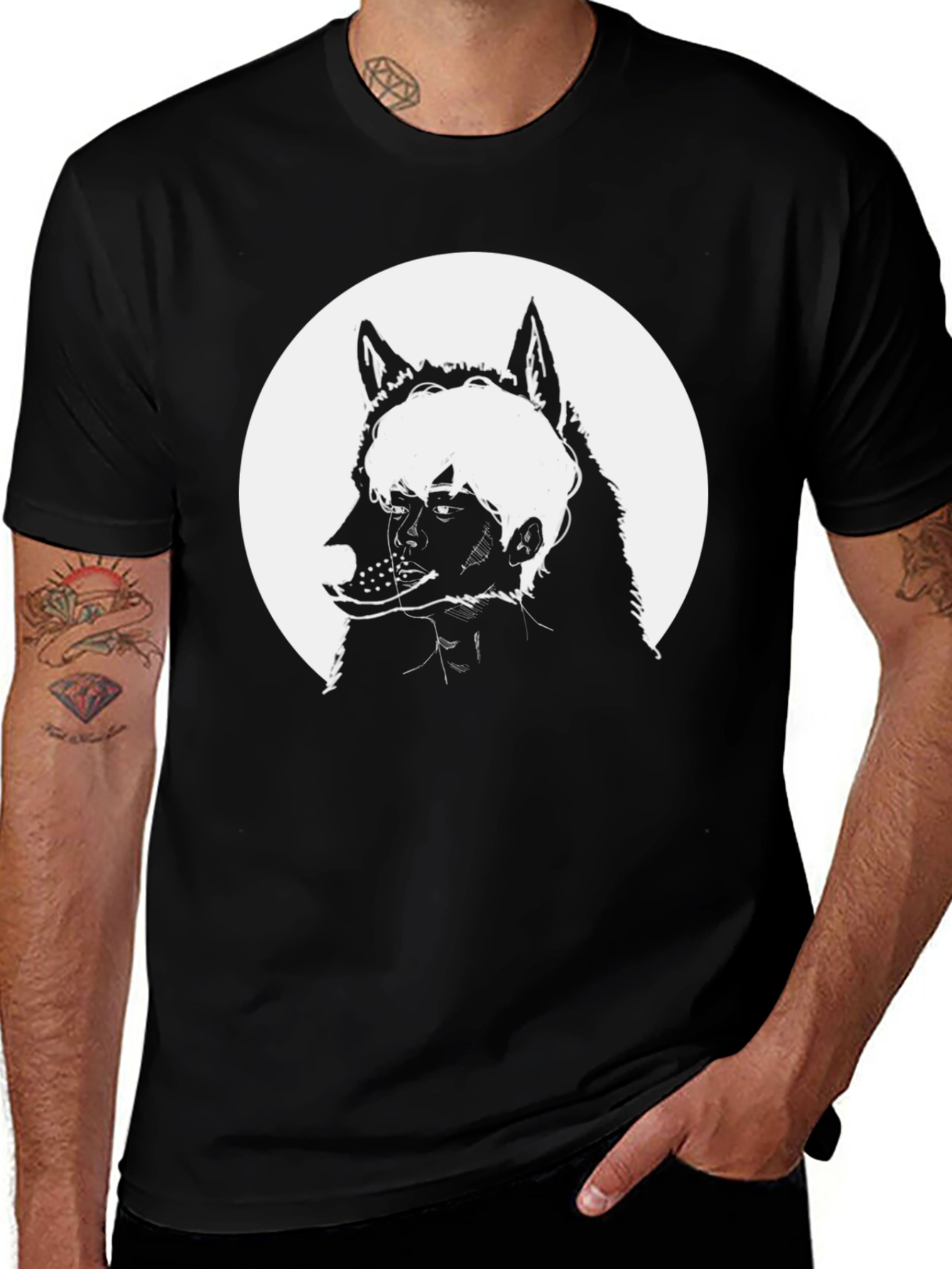 Variant 20 of Wolf & Human Face Graphic Black T-Shirt