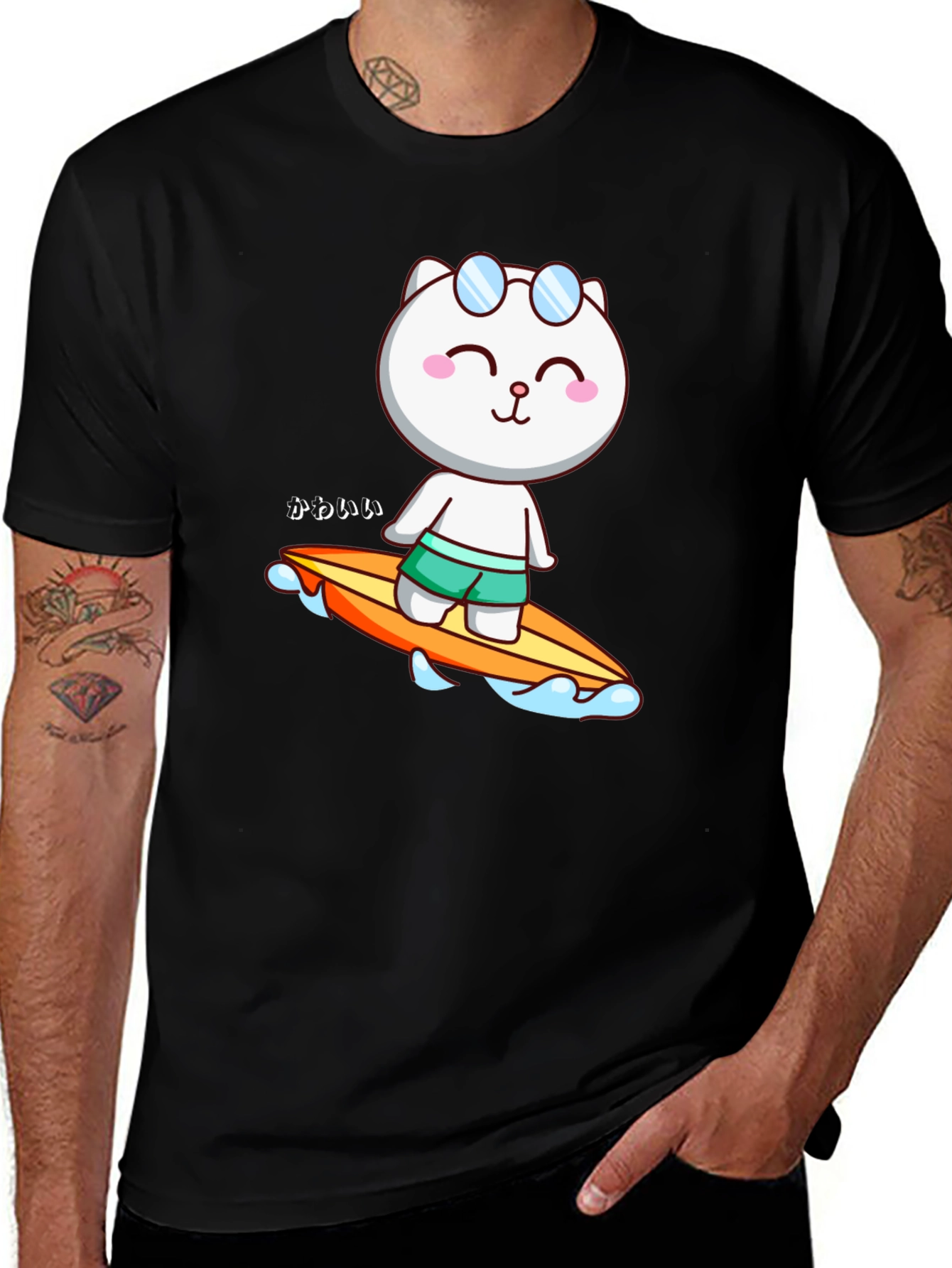 Variant 17 of Cute Surfing Cat T-Shirt - Black Cotton Tee