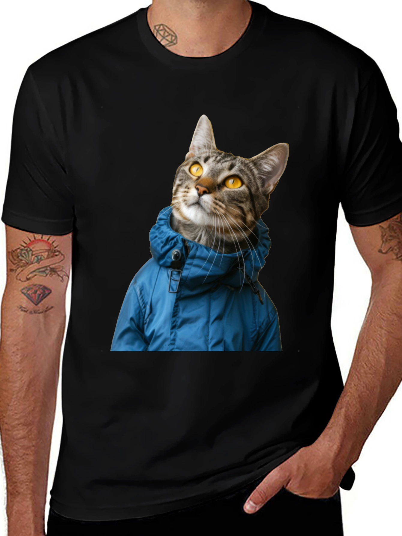Variant 20 of Cat in Blue Jacket Black T-Shirt