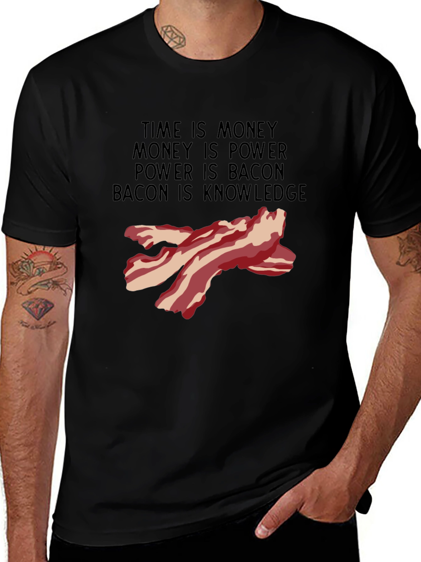 Variant 8 of Bacon Knowledge Black T-Shirt - Funny Foodie Tee